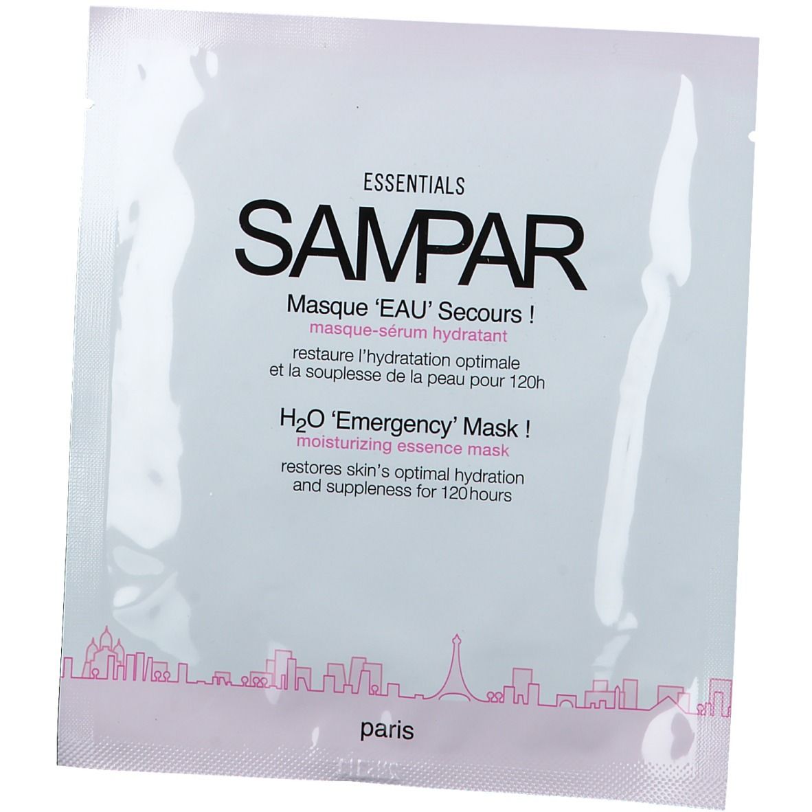 Sachet de masque facial SAMPAR H2O 'Emergency' Mask. Blanc avec texte noir et rose. Inscriptions : 'Masque 'EAU' Secours !' et 'H2O 'Emergency' Mask !'