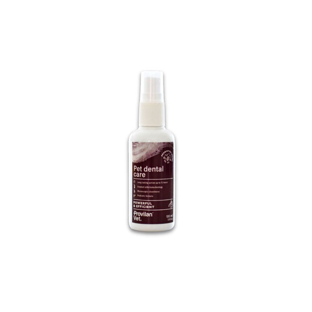 Flacon spray pour les soins dentaires des animaux. Contient du texte sur l'efficacité et la marque.