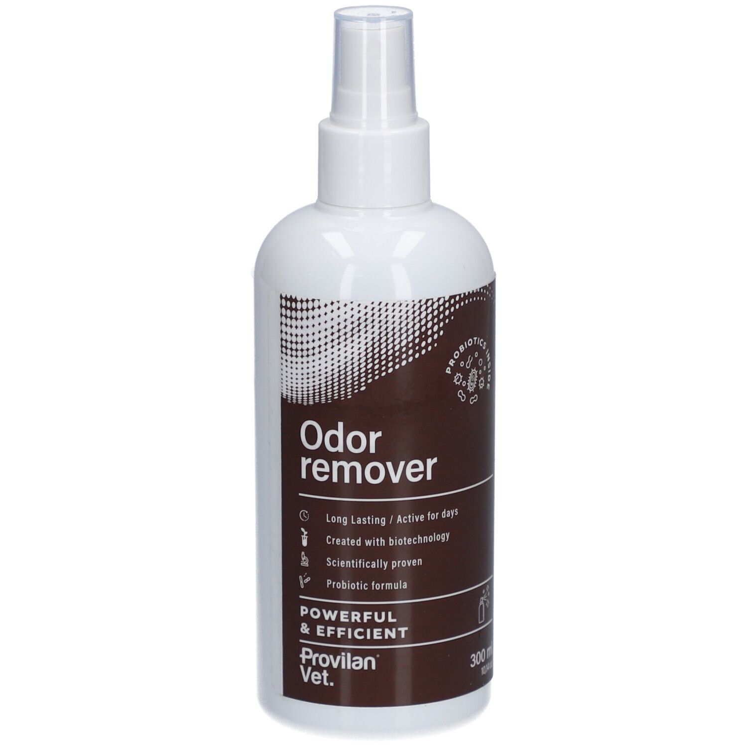 Weiße Sprühflasche mit braunem Etikett. Aufschrift: Odor remover. Enthält Probiotika. Marke: Provilan Vet.