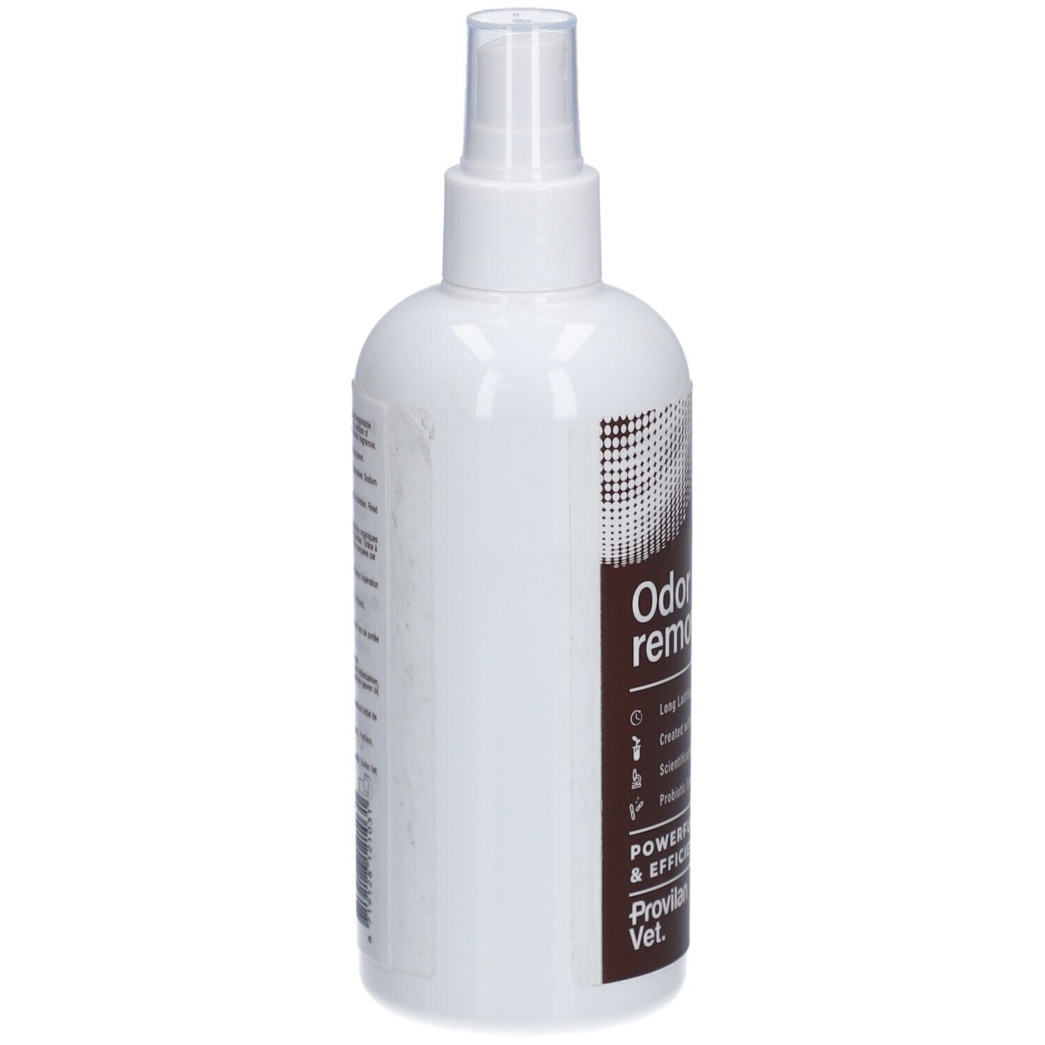 Weiße Sprühflasche mit braunem Etikett. Aufschrift: Odor remover. Enthält Probiotika. Marke: Provilan Vet.