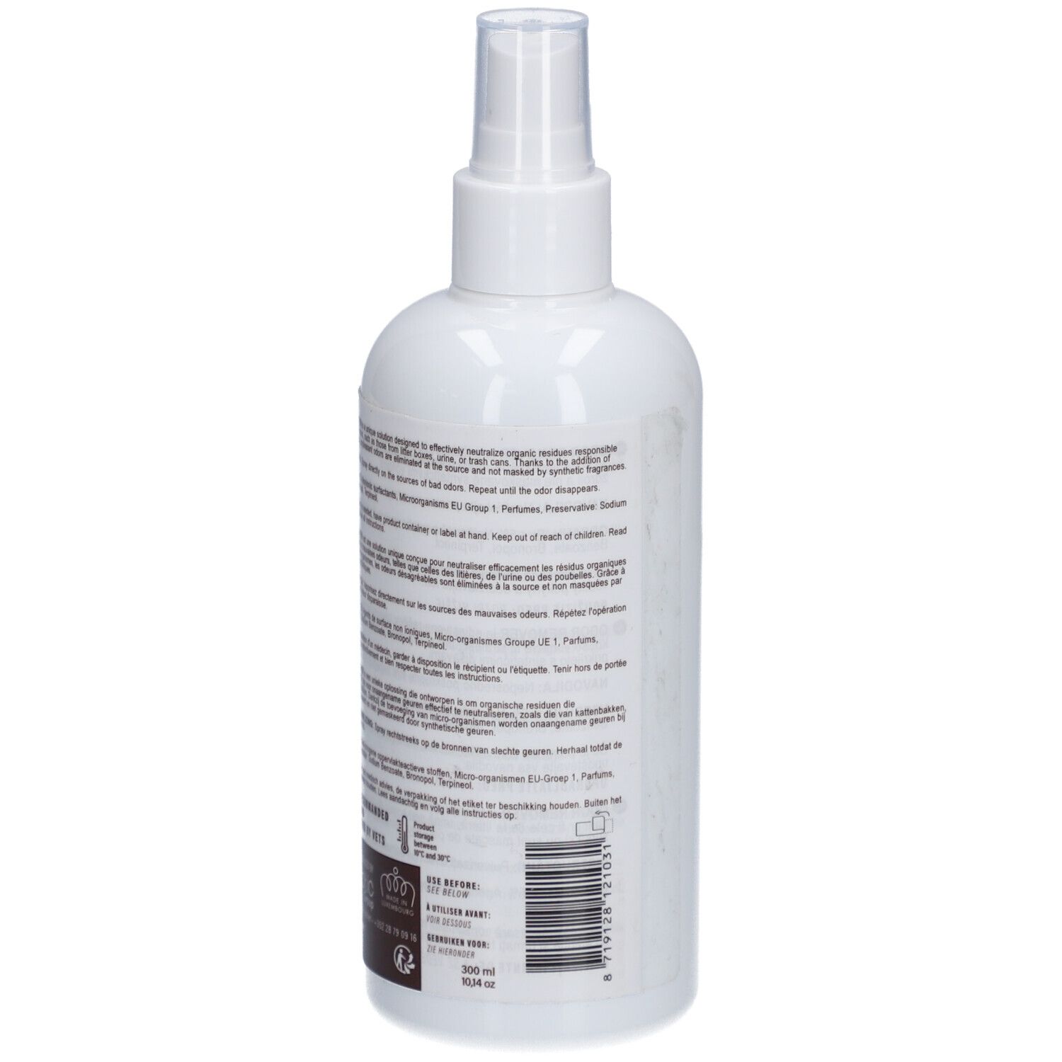Weiße Sprühflasche mit braunem Etikett. Aufschrift: Odor remover. Enthält Probiotika. Marke: Provilan Vet.