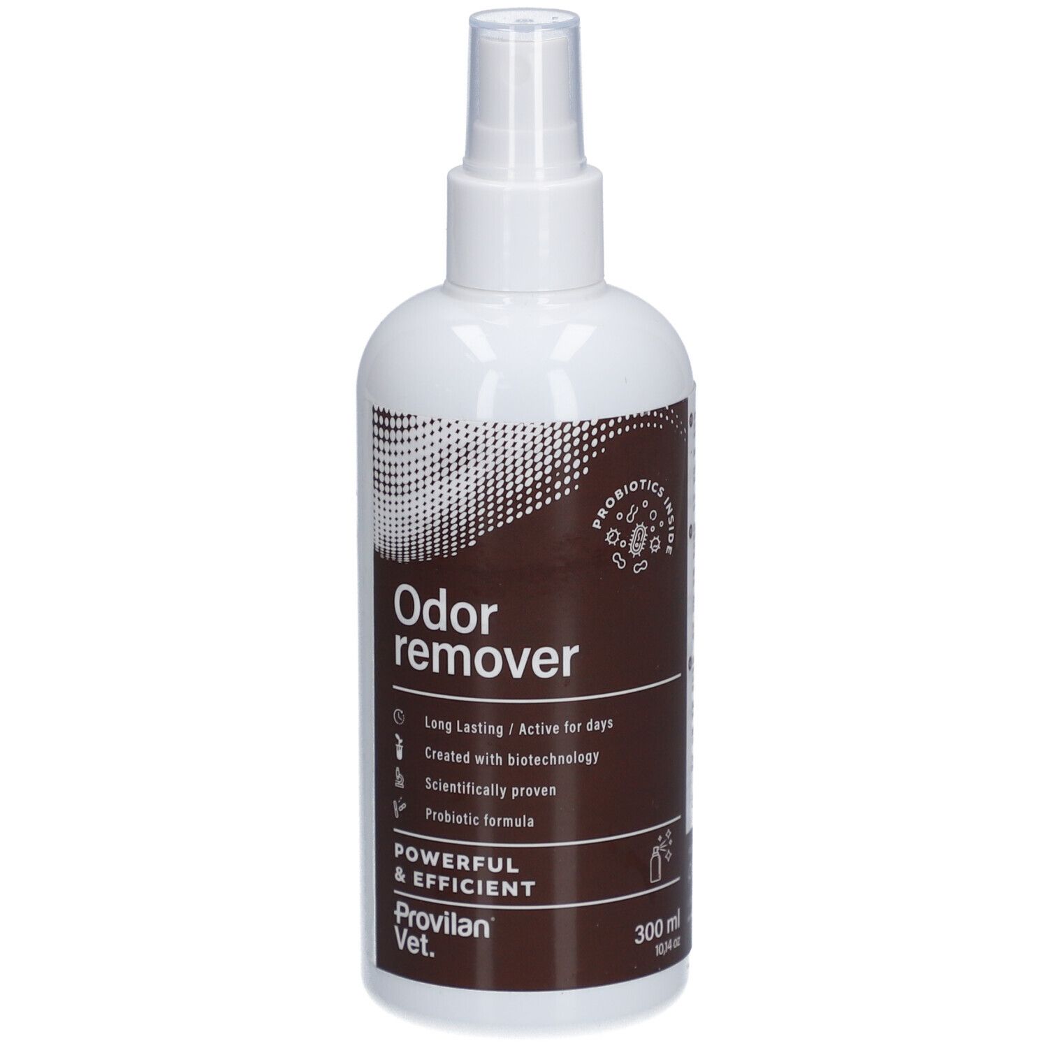 Weiße Sprühflasche mit braunem Etikett. Aufschrift: Odor remover. Enthält Probiotika. Marke: Provilan Vet.