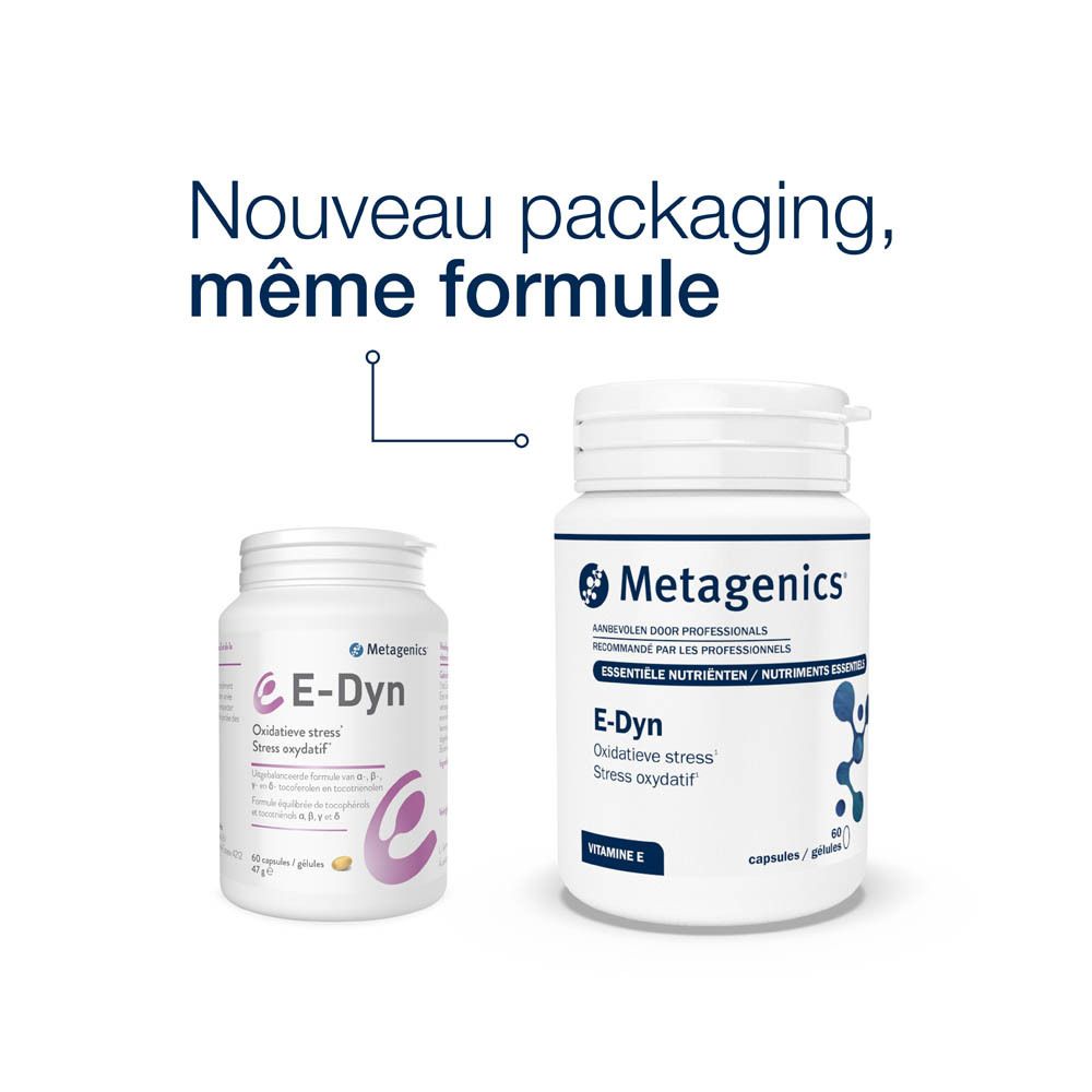 Boîte blanche avec logo E-Dyn et texte. Contient 60 gélules. Marque : Metagenics.