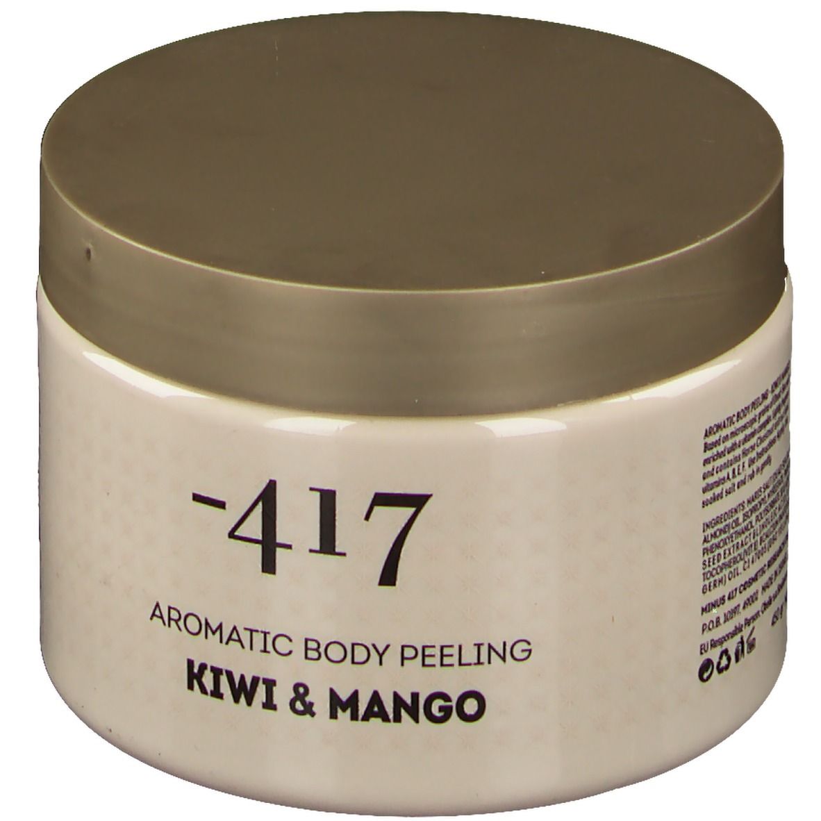 Beige Dose mit goldfarbenem Deckel. Aufschrift: -417, Aromatic Body Peeling, Kiwi & Mango.