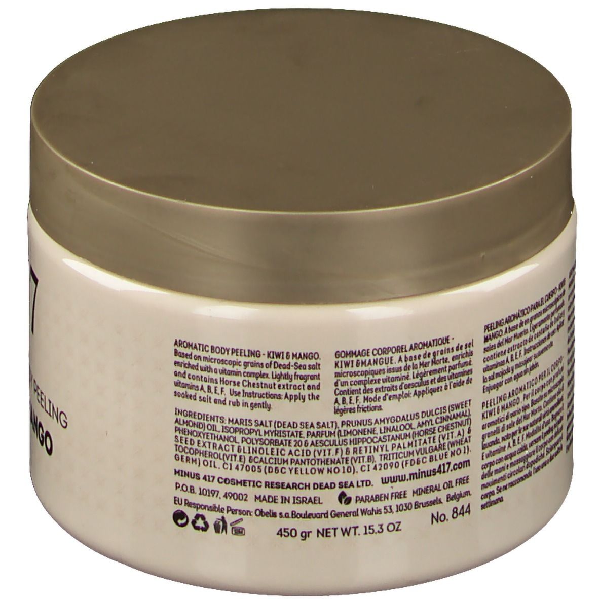 Beige Dose mit goldfarbenem Deckel. Rückseite mit Text und Inhaltsstoffen. Aufschrift: -417, Kiwi & Mango.