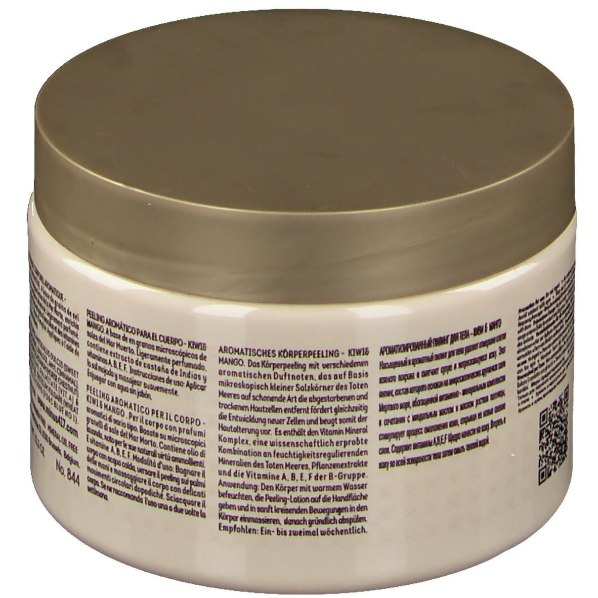 Beige Dose mit goldfarbenem Deckel. Rückseite mit Text. Aufschrift: -417, Kiwi & Mango.