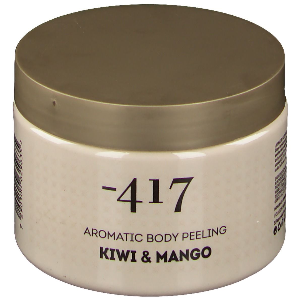 Beige Dose mit goldfarbenem Deckel. Aufschrift: -417, Aromatic Body Peeling, Kiwi & Mango.