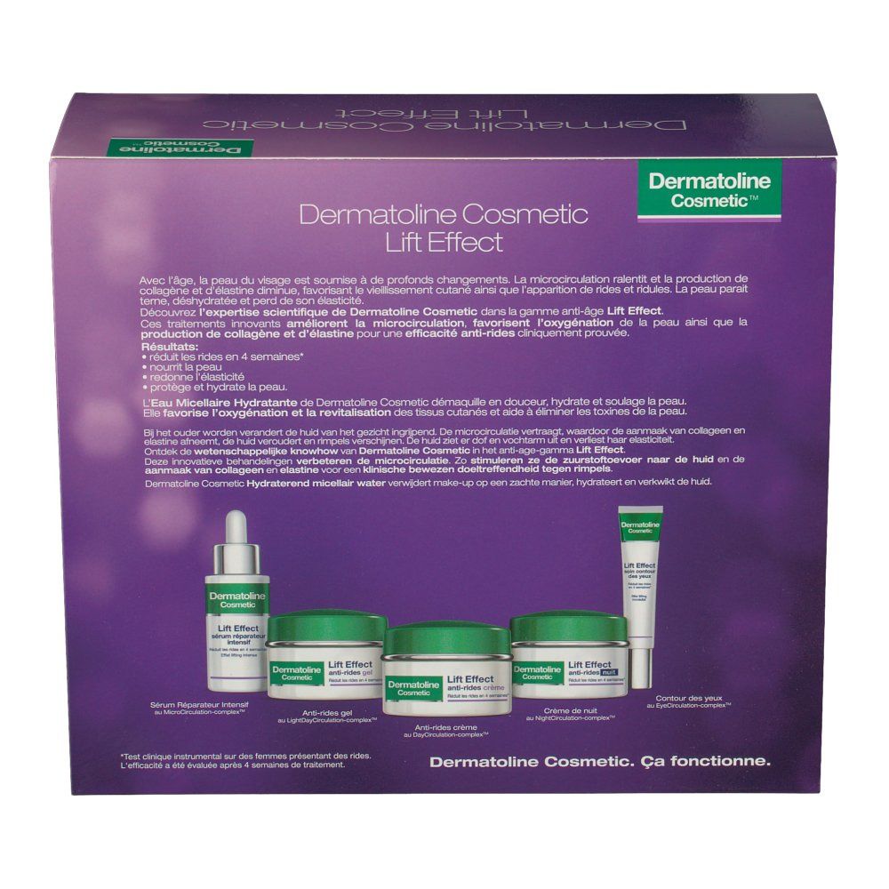 Emballage Dermatoline Cosmetic Lift Effect, dos. Contient plusieurs produits, nom et logo.