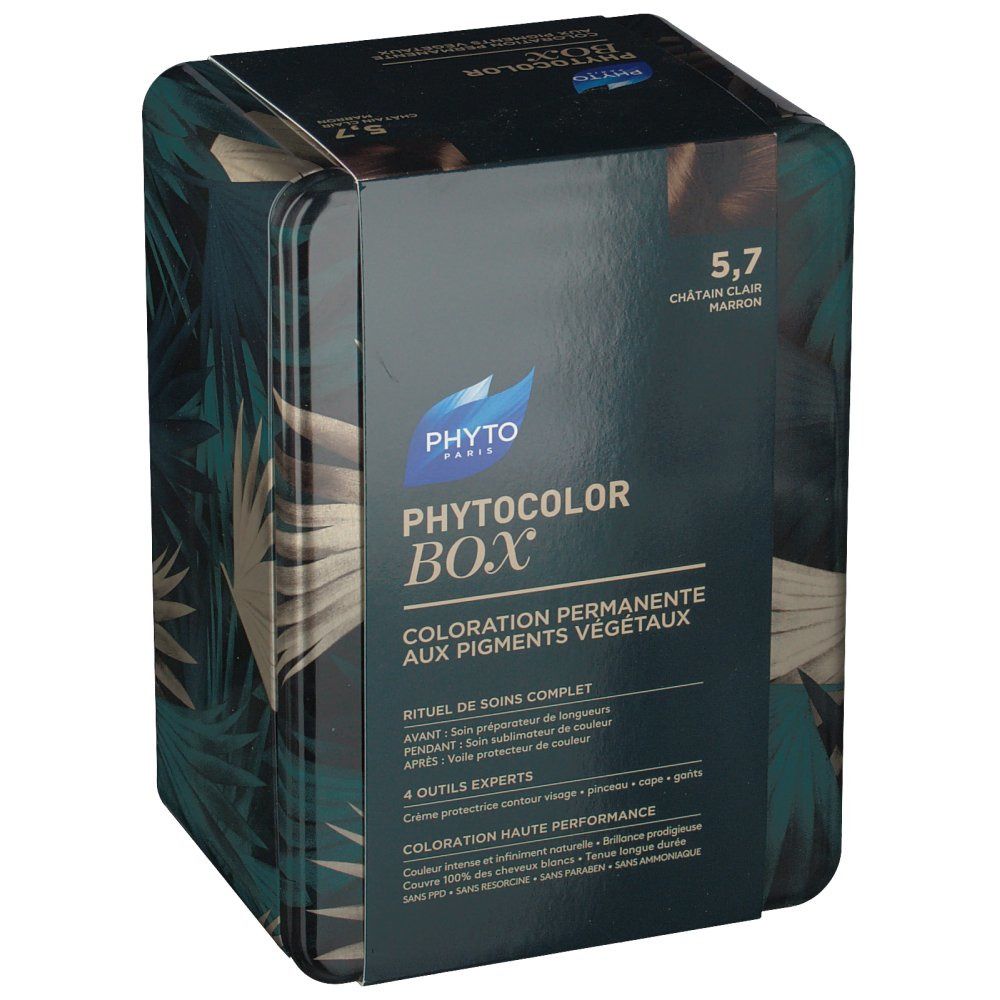 Phyto Phytocolor Box. Grün-bedruckte Box mit Produktinformationen. Text: 5,7 Châtain Clair Marron. Logo: Phyto Paris. Box enthält 4 Expert-Tools.