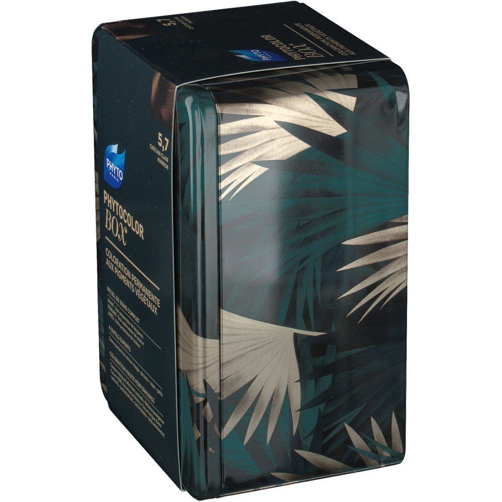 Phyto Phytocolor Box. Grün-bedruckte Box. Text: 5,7 Châtain Clair Marron. Logo: Phyto Paris. Seitenansicht der Box mit floralem Muster.