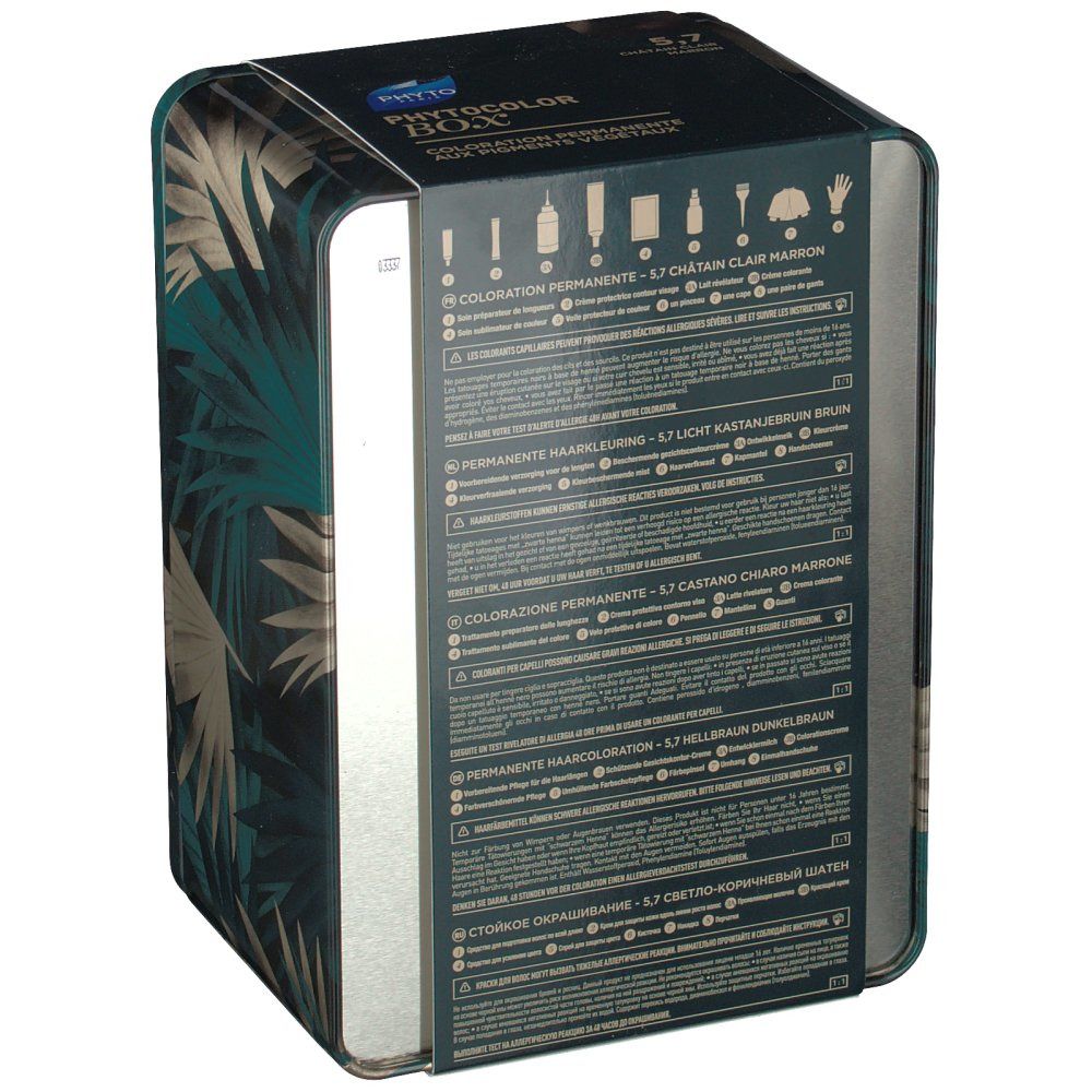 Phyto Phytocolor Box. Rückseite der Box mit Produktinformationen und Inhaltsstoffen. Text in mehreren Sprachen. Illustrationen von Zubehör.