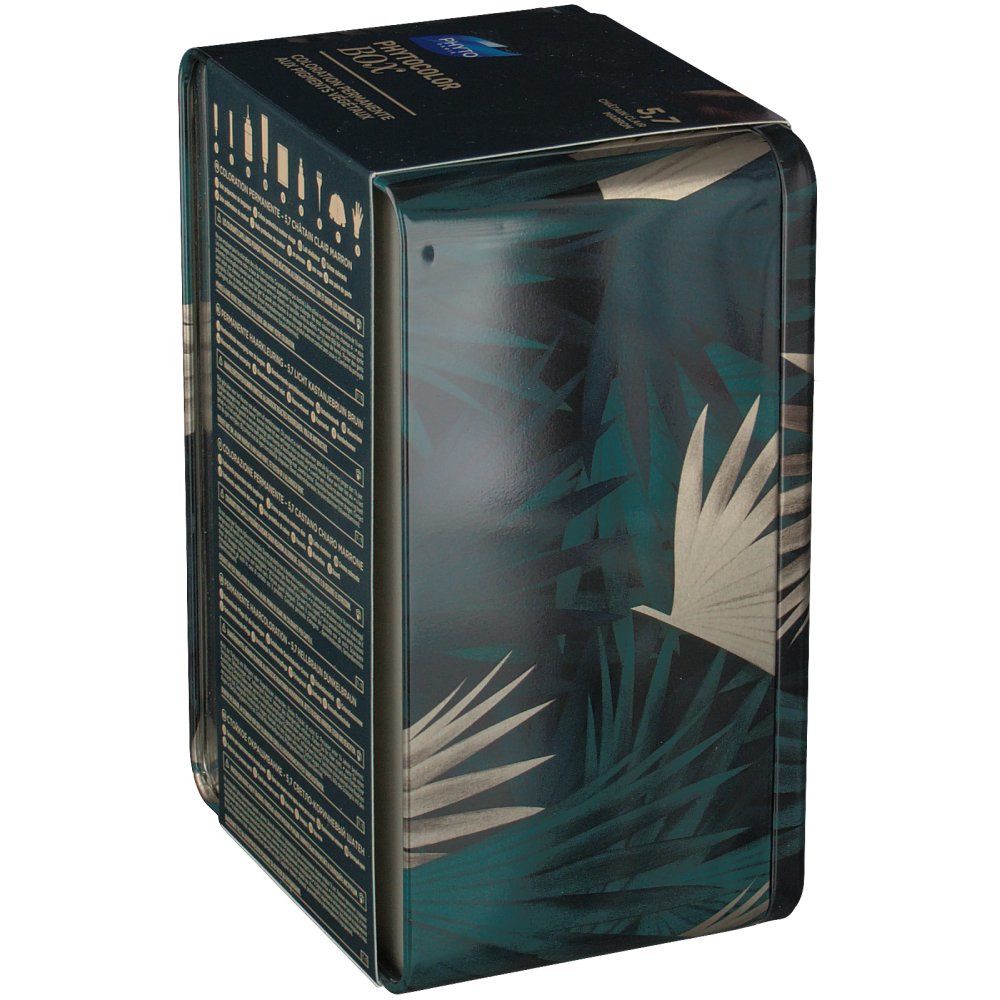 Phyto Phytocolor Box. Grün-bedruckte Box. Seitenansicht mit floralem Muster. Text: Produktinformationen. Logo: Phyto Paris.