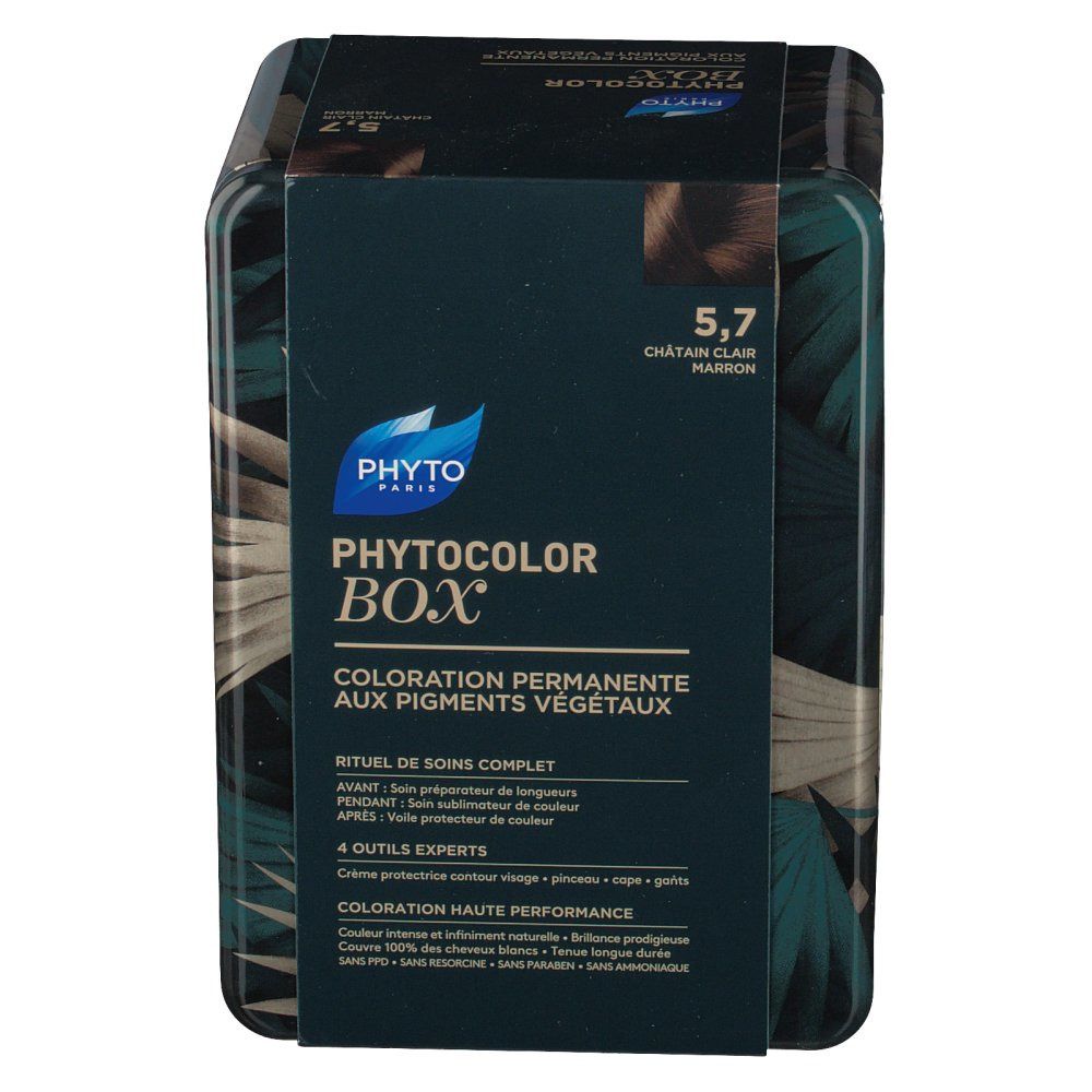 Phyto Phytocolor Box. Grün-bedruckte Box mit Produktinformationen. Text: 5,7 Châtain Clair Marron. Logo: Phyto Paris. Box enthält 4 Expert-Tools.