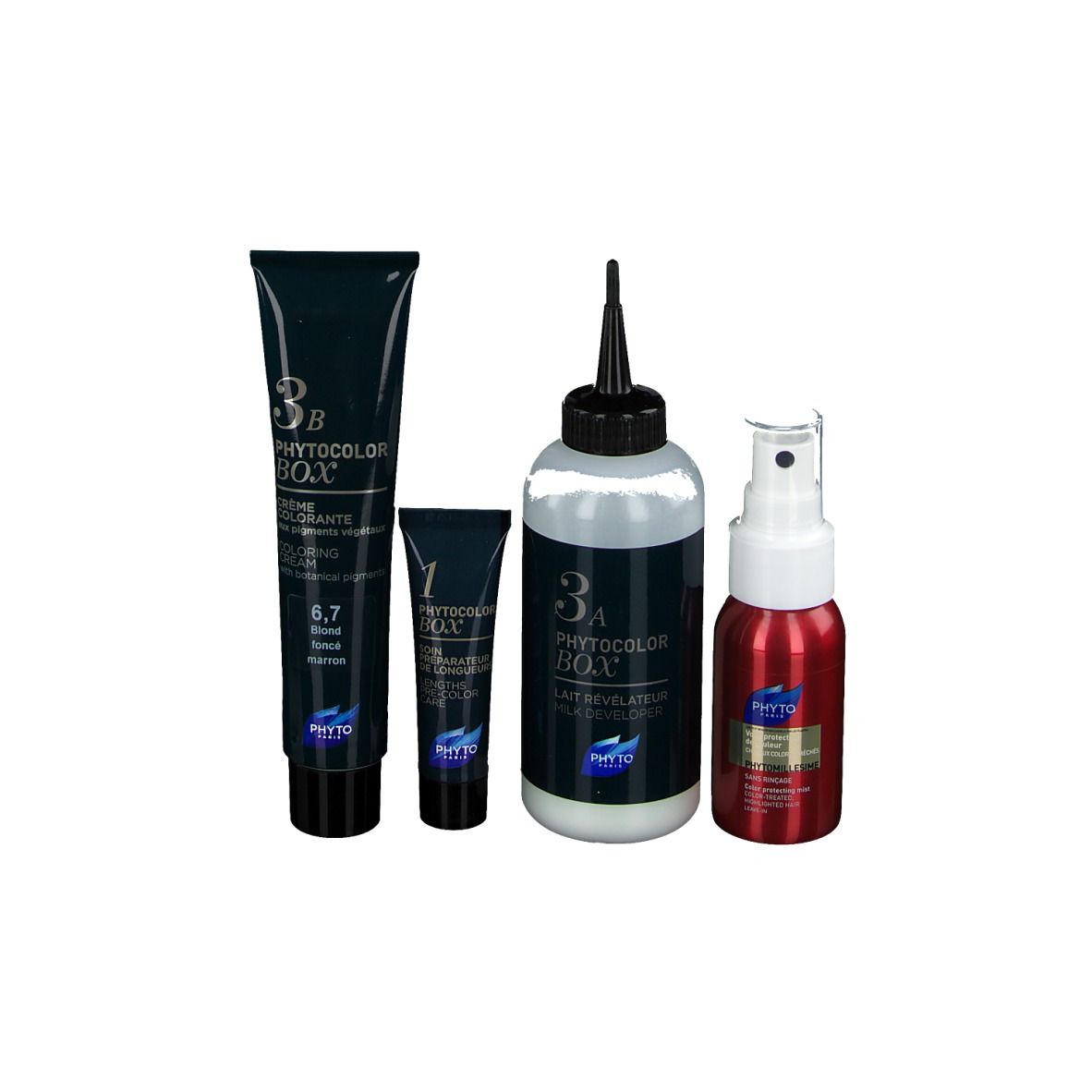 Set mit vier Produkten. Enthält eine Tube, eine kleine Tube, eine Flasche und eine Sprühflasche. Schwarze und rote Verpackung.