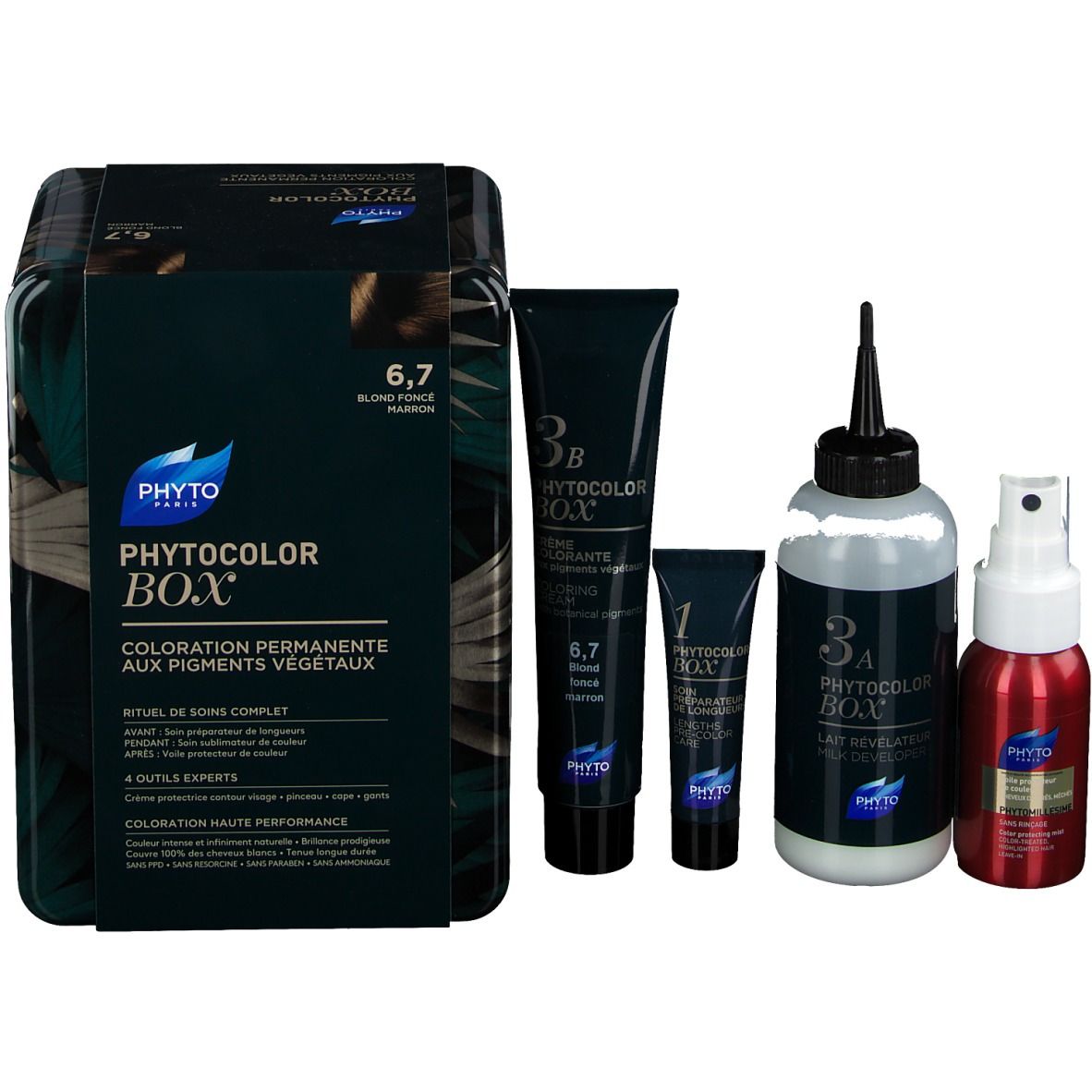 Produktbox mit vier Produkten. Enthält eine Tube, eine kleine Tube, eine Flasche und eine Sprühflasche. Schwarze Verpackung.