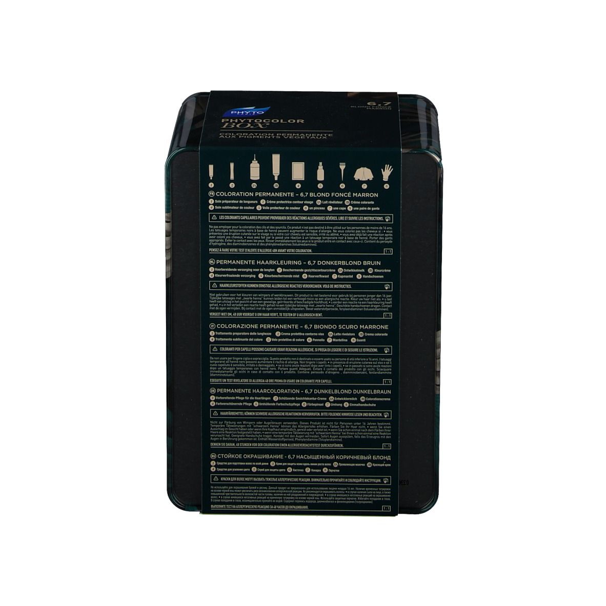 Rückseite der Produktbox. Schwarze Verpackung mit Text und Produktinformationen. Enthält die Aufschrift "PhytoColor Box".