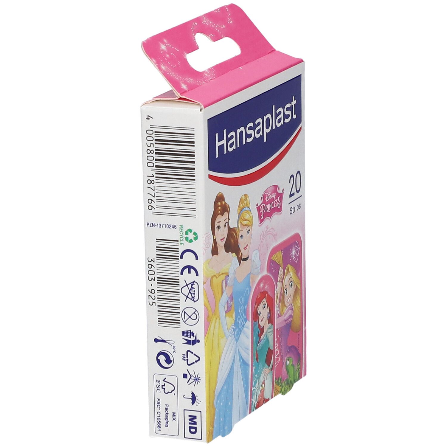 Schmale Verpackung mit Pflastern. Aufdruck: Disney-Prinzessinnen. Produktname und Logo. Rosa-weißes Design.