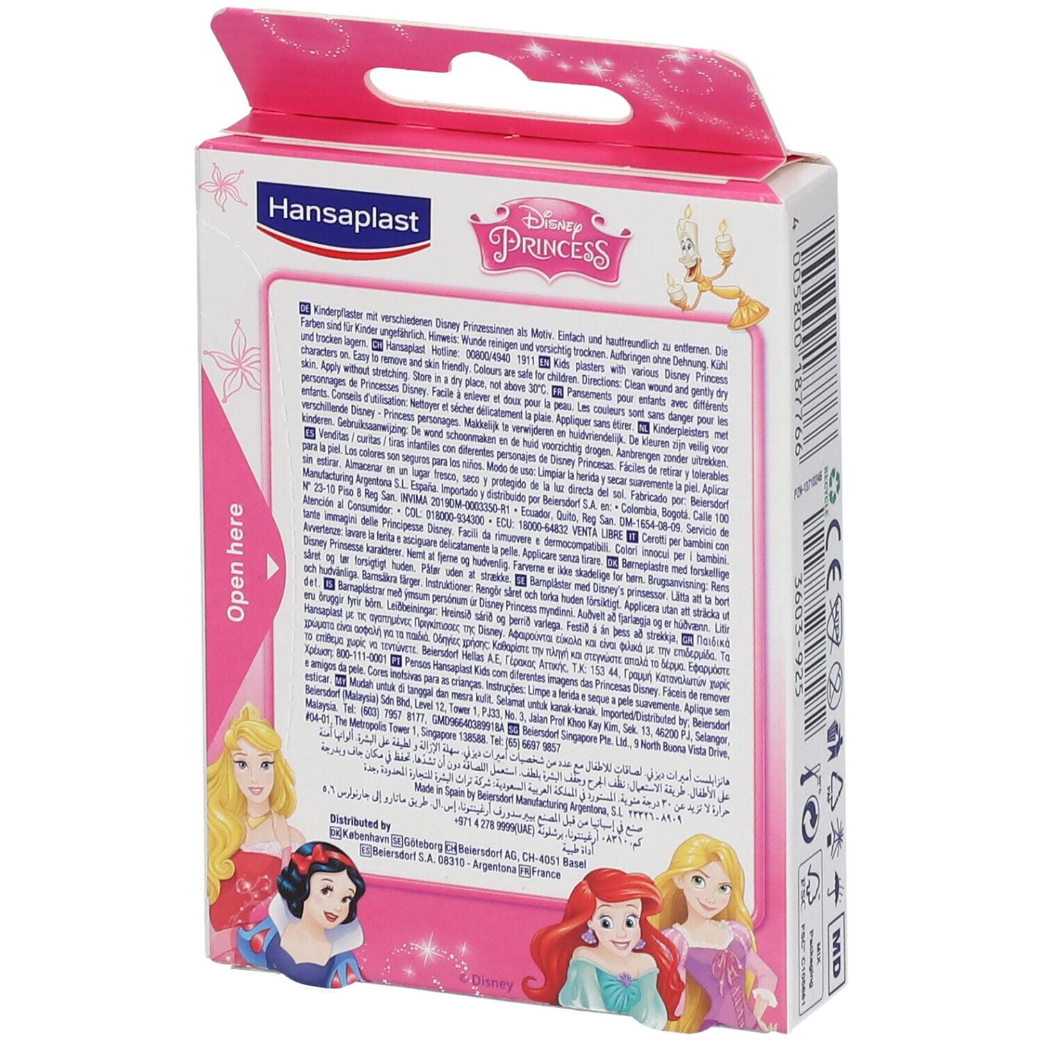 Rückseite der Pflasterverpackung. Text in mehreren Sprachen. Disney-Prinzessinnen-Illustrationen. Rosa Hintergrund.