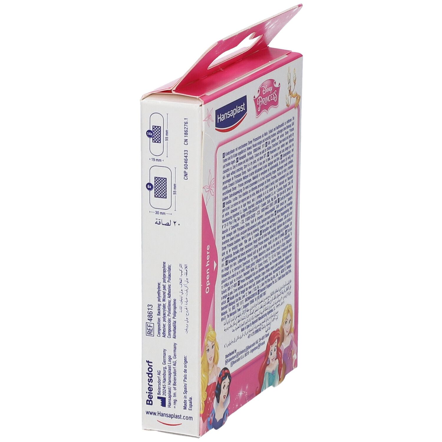 Seite der Pflasterverpackung. Text in mehreren Sprachen. Illustrationen von Pflastern. Rosa Hintergrund.