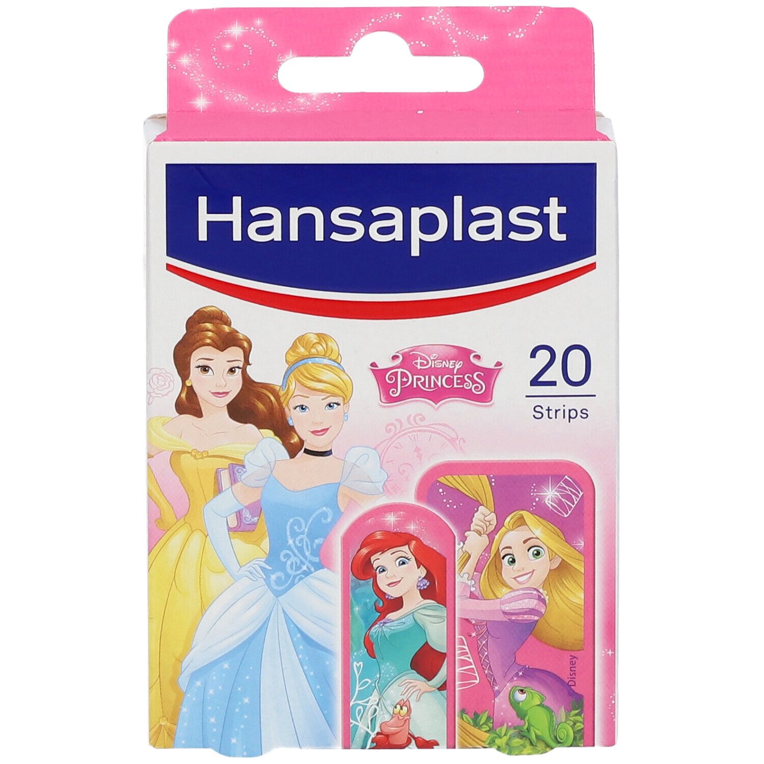 Verpackung mit Pflastern. Aufdruck: Disney-Prinzessinnen. 20 Stück. Rosa-weißes Design mit Produktnamen.