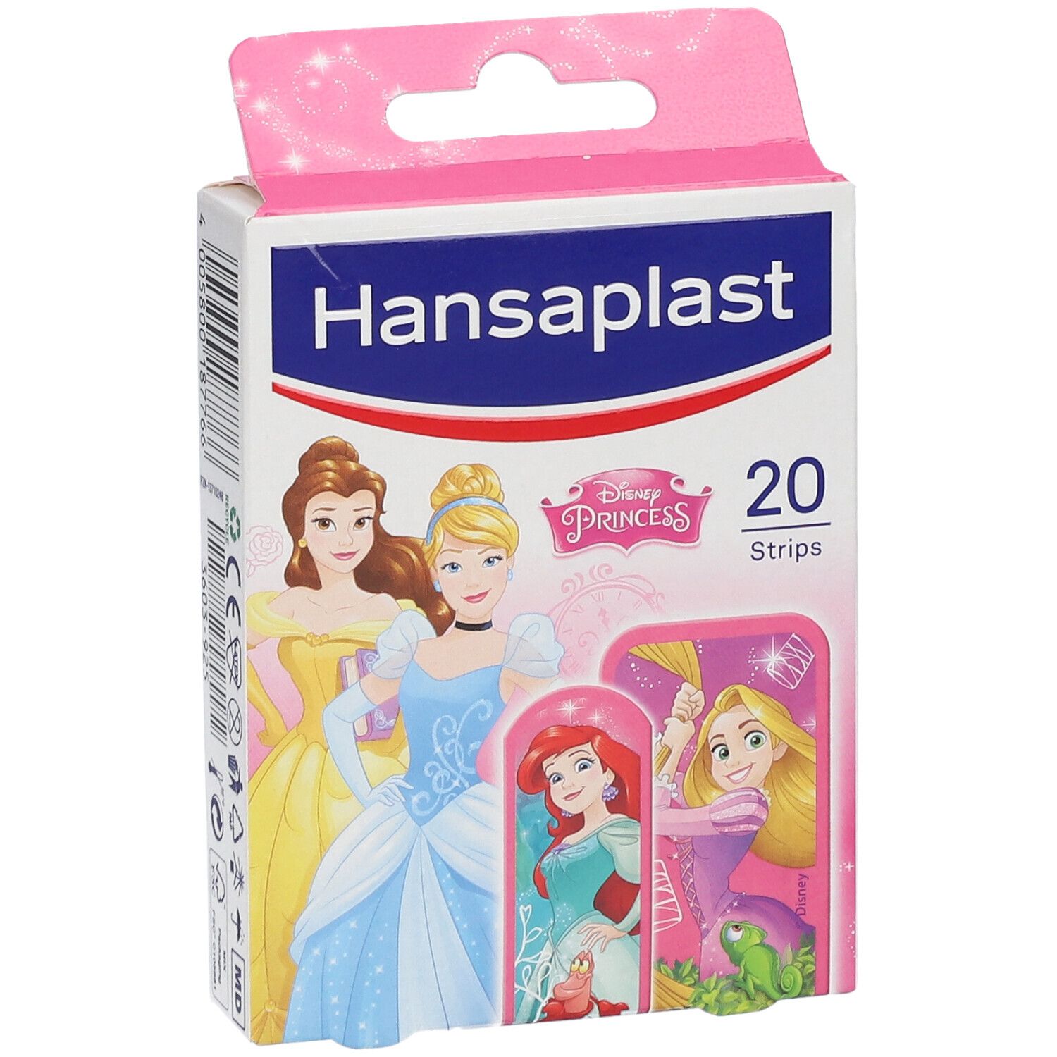 Verpackung mit Pflastern. Aufdruck: Disney-Prinzessinnen. 20 Stück. Rosa-weißes Design mit Produktnamen.