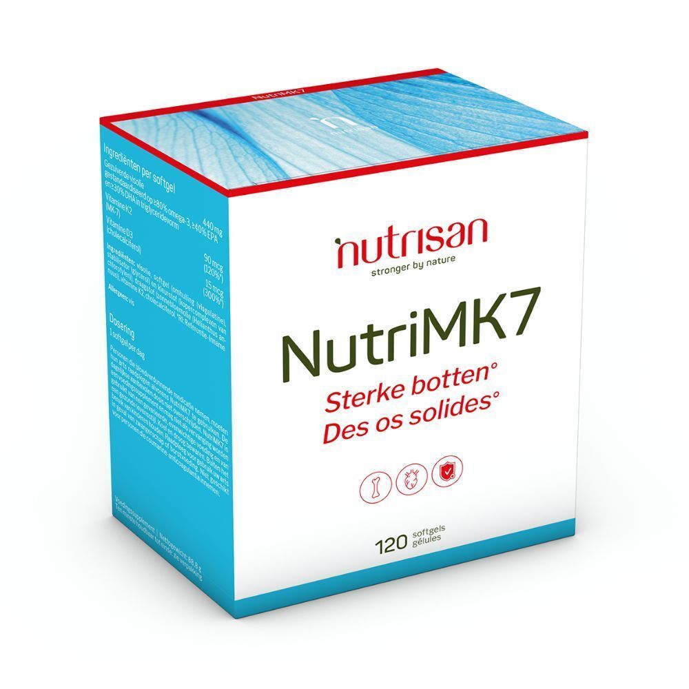 Boîte Nutrisan NutriMK7. 120 gélules. Contient Vitamine K2, D3. Renforce les os. Emballage bleu et blanc.