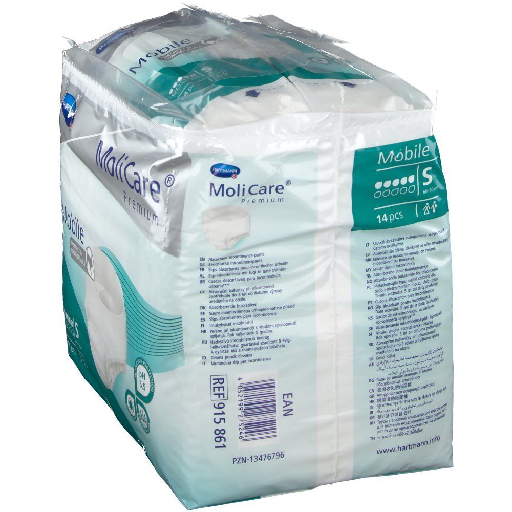 Verpackung MoliCare Premium Mobile S, Rückseite. Weiß-grüne Verpackung mit Produktinformationen und Barcode. Marke und Produktbezeichnung sichtbar.