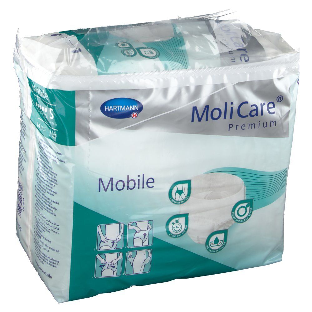Verpackung MoliCare Premium Mobile S. Weiß-grüne Verpackung mit Produktabbildung und Piktogrammen. Marke und Produktbezeichnung deutlich sichtbar.