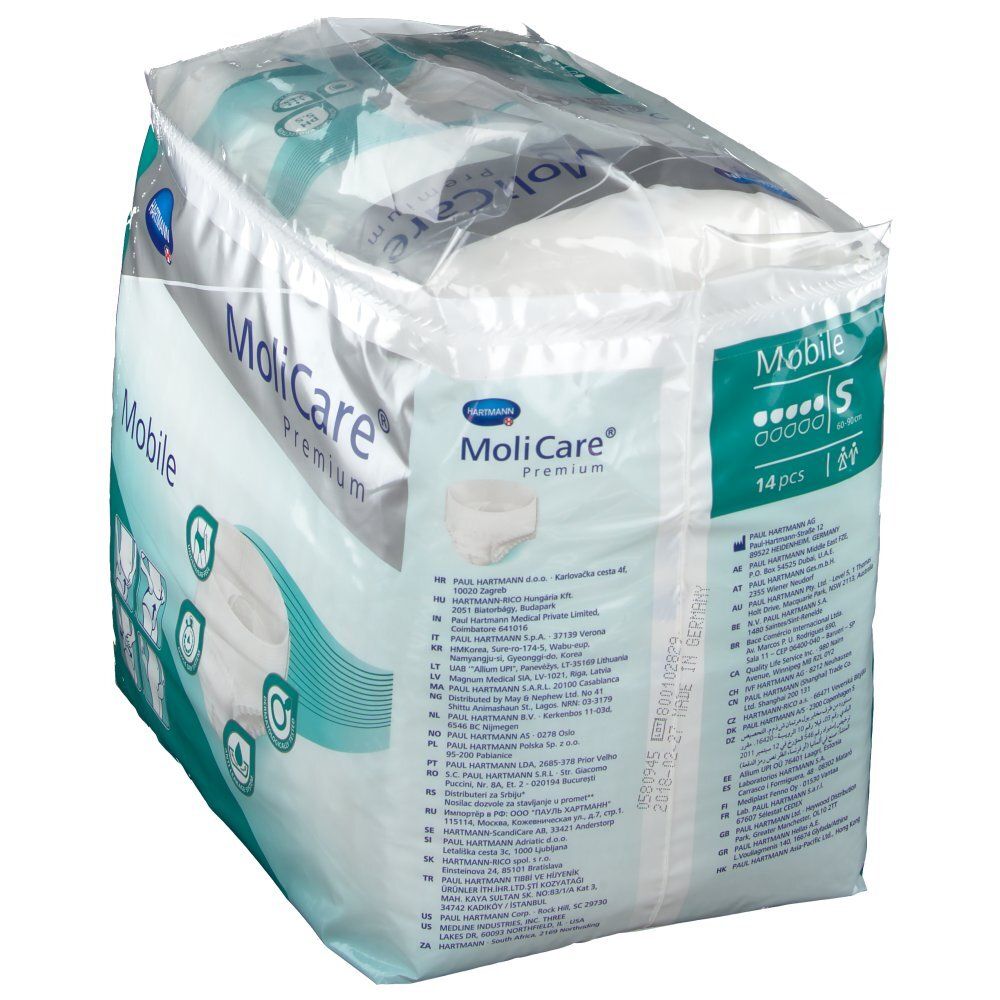 Verpackung MoliCare Premium Mobile S, schräg. Weiß-grüne Verpackung mit Produktinformationen. Marke und Produktbezeichnung deutlich sichtbar.