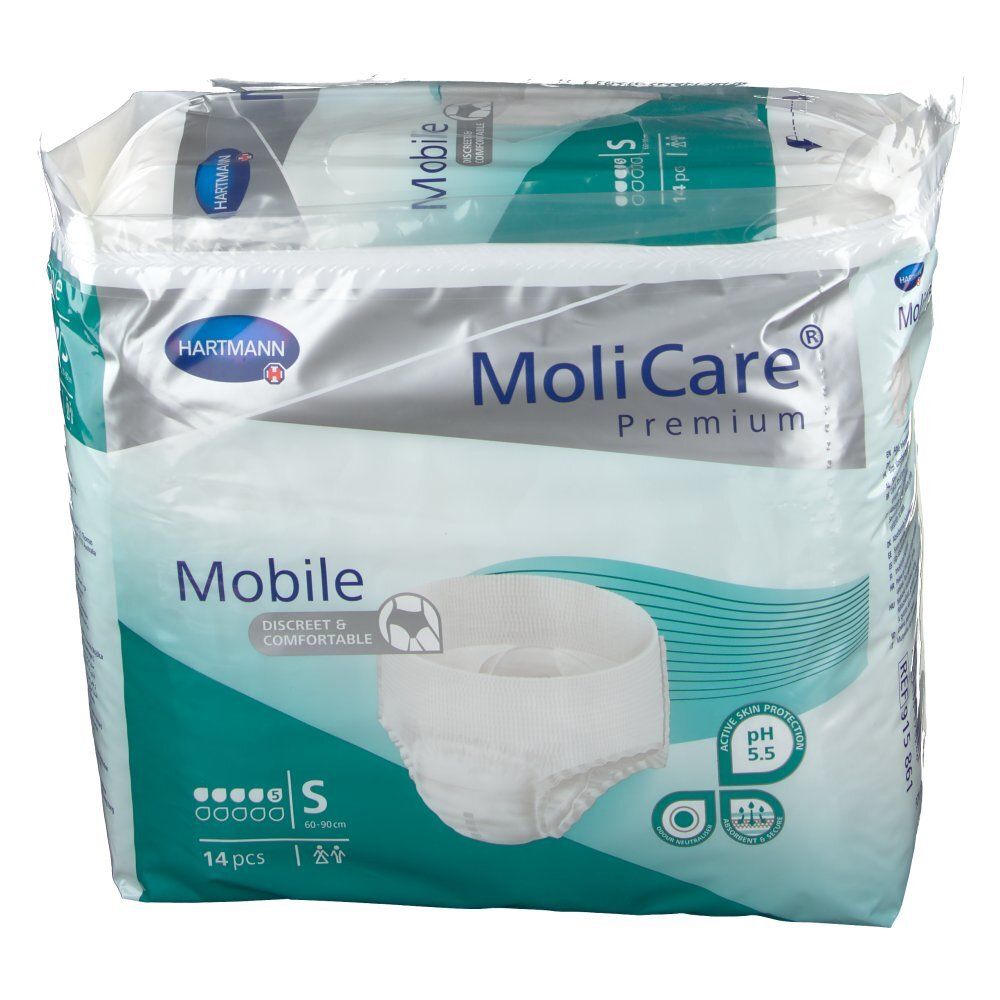 Verpackung MoliCare Premium Mobile S. Weiß-grüne Verpackung mit Produktabbildung und pH-Wert-Angabe. Marke und Produktbezeichnung deutlich sichtbar.