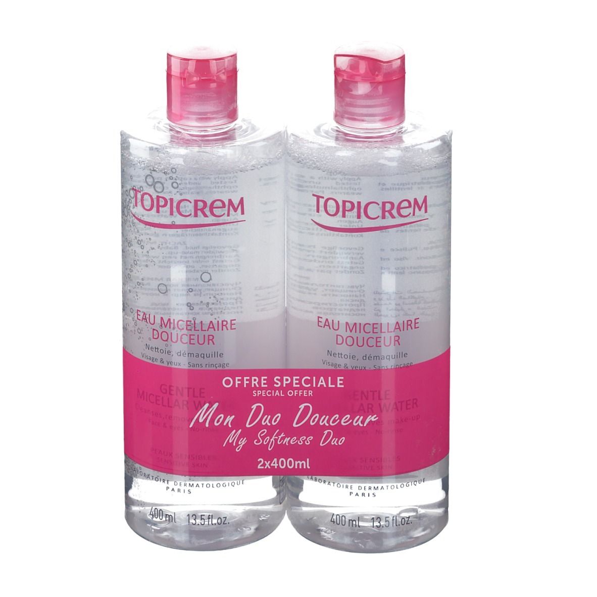 Zwei Flaschen Mizellenwasser, rosa Etikett, TOPICREM-Logo. "Mon Duo Douceur"-Packung.