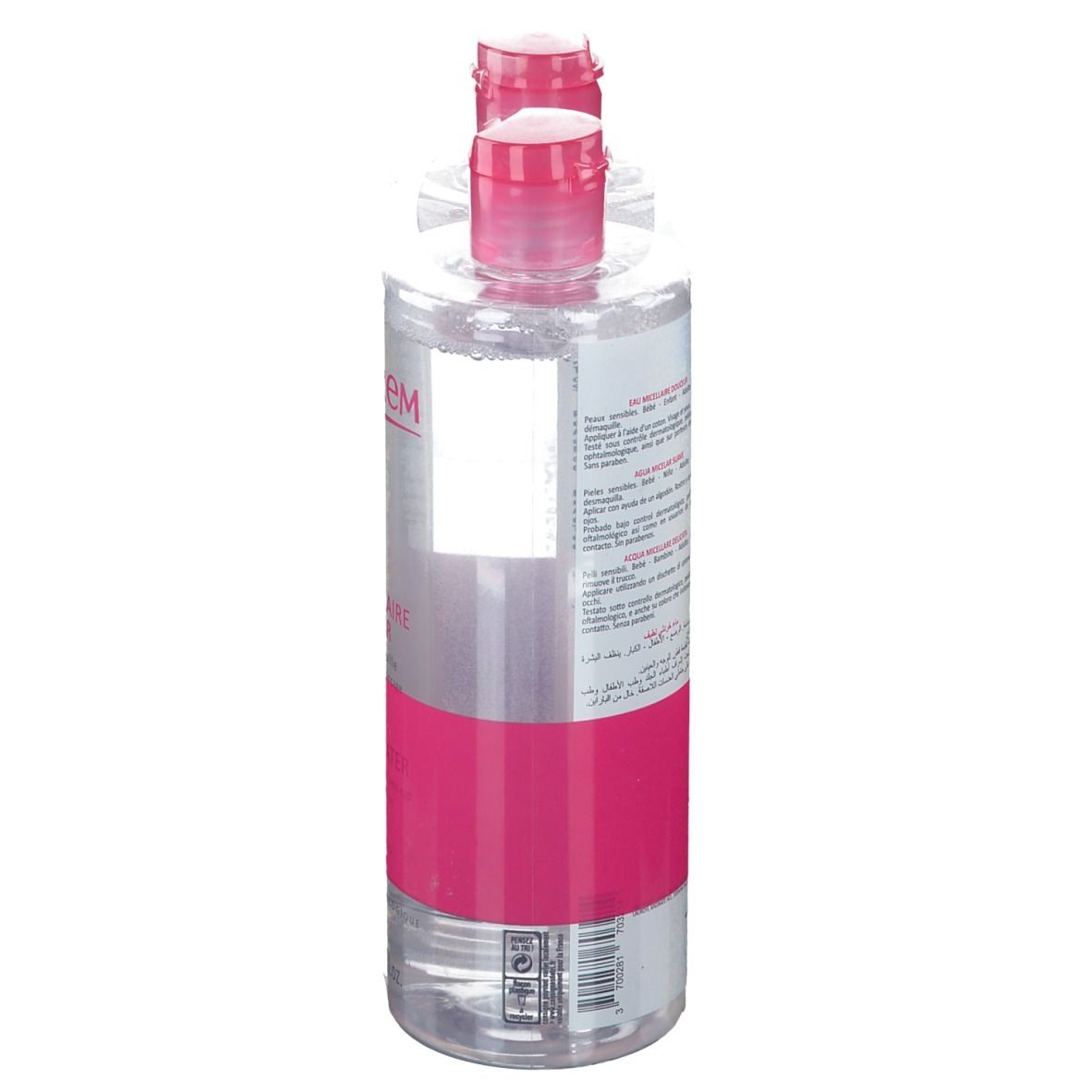 Zwei Flaschen Mizellenwasser, rosa Etikett, TOPICREM-Logo. Rückansicht, transparente Flaschen.