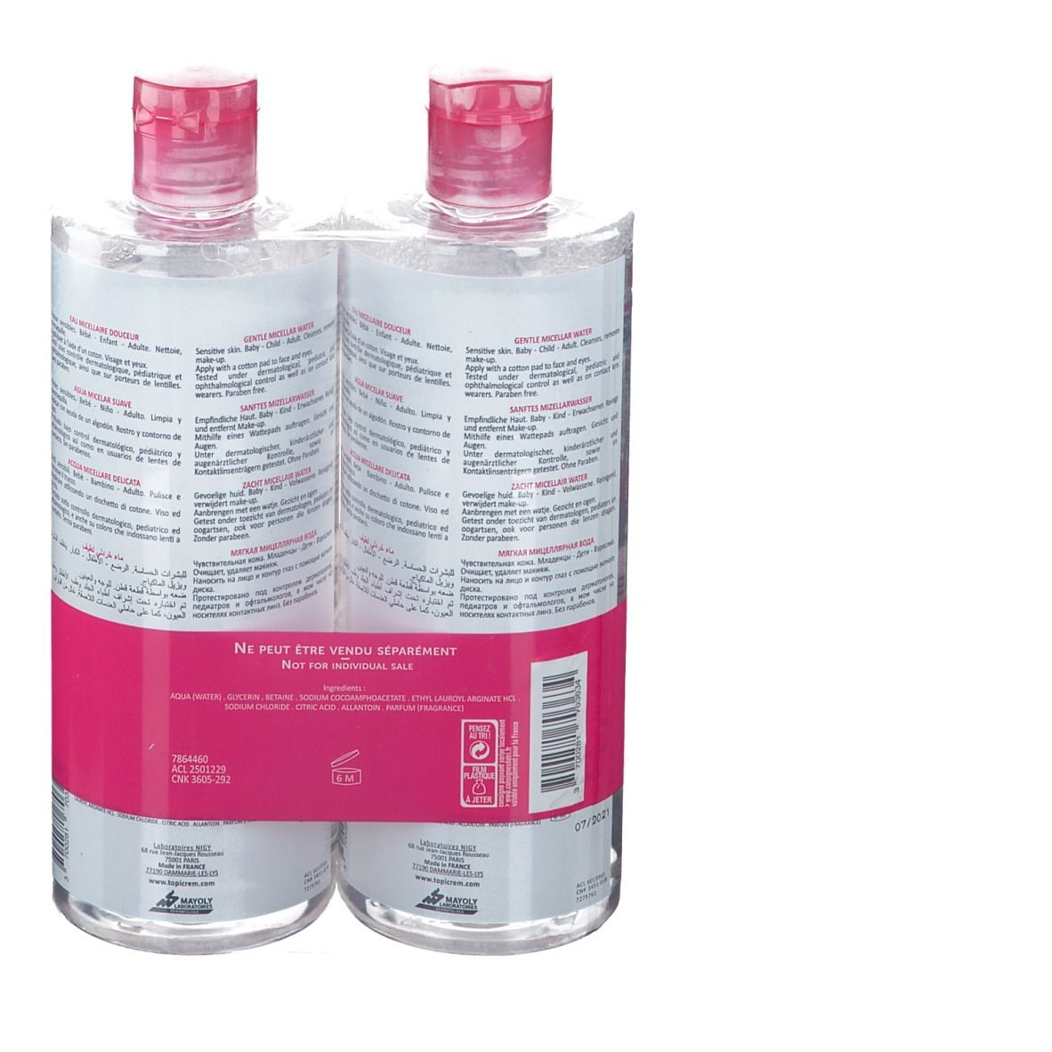 Rückansicht von zwei Flaschen Mizellenwasser, rosa Etikett, Text. Nicht einzeln verkäuflich.