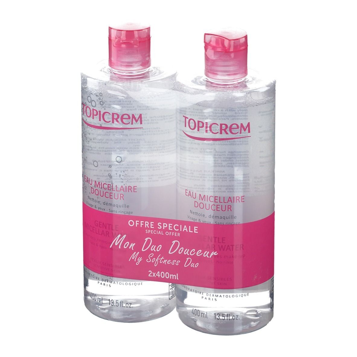 Zwei Flaschen Mizellenwasser, rosa Etikett, TOPICREM-Logo. "Mon Duo Douceur"-Packung.