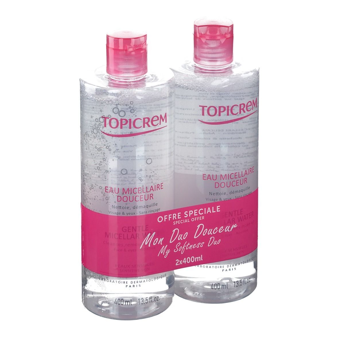 Zwei Flaschen Mizellenwasser, rosa Etikett, TOPICREM-Logo. "Mon Duo Douceur"-Packung.