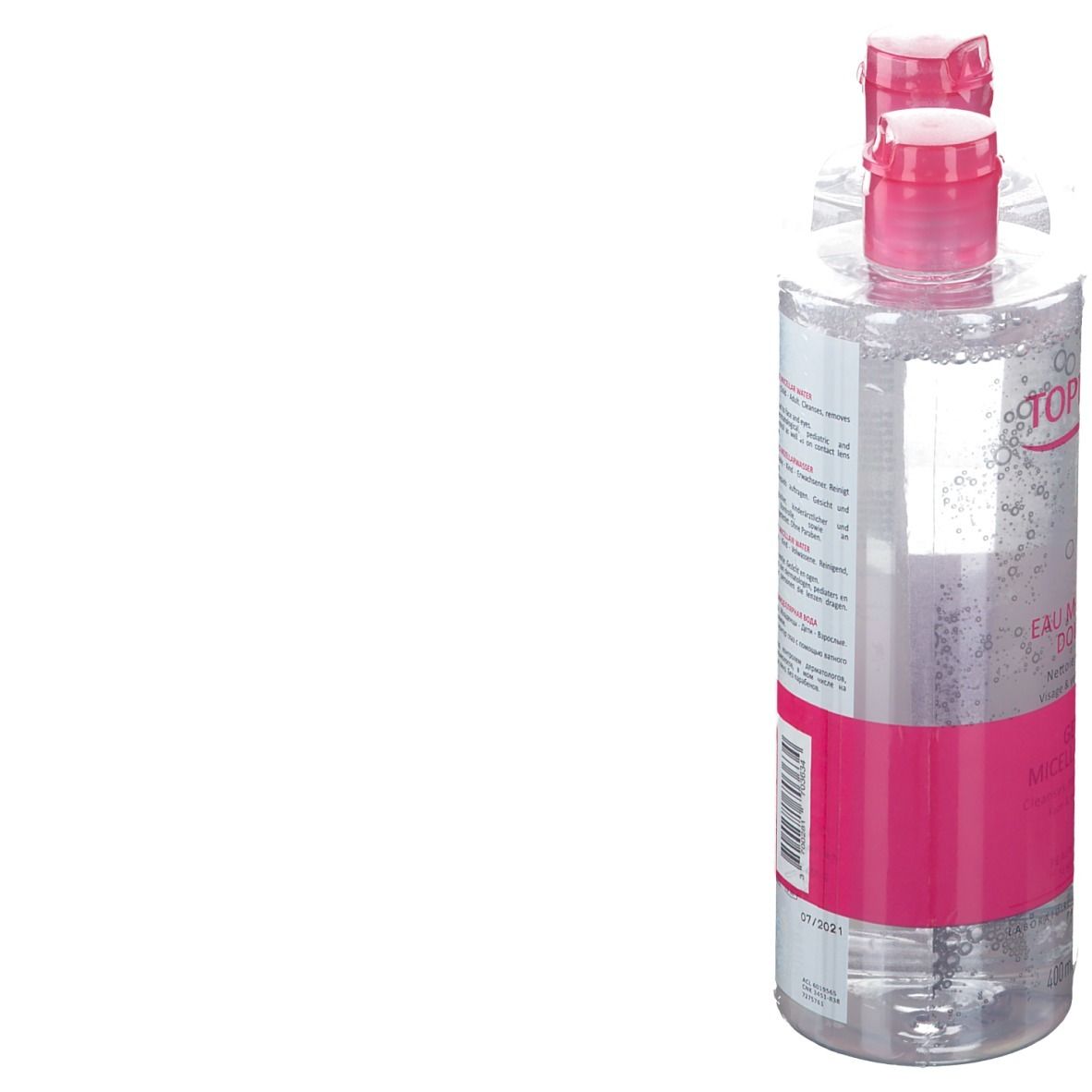 Zwei Flaschen Mizellenwasser, rosa Etikett, TOPICREM-Logo. Rückansicht, transparente Flaschen.