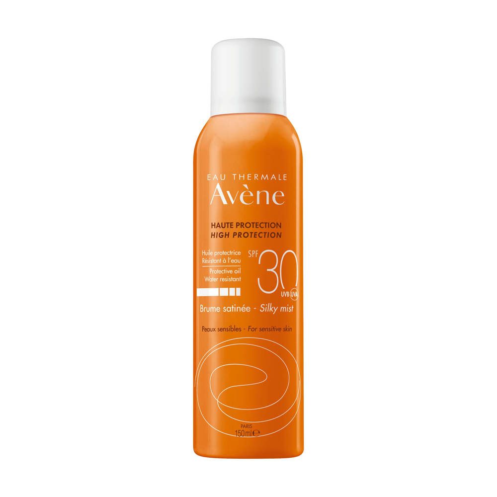 Avene Sonnenspray. Orangefarbene Sprühflasche mit weißem Deckel. SPF 30. Text auf Deutsch.