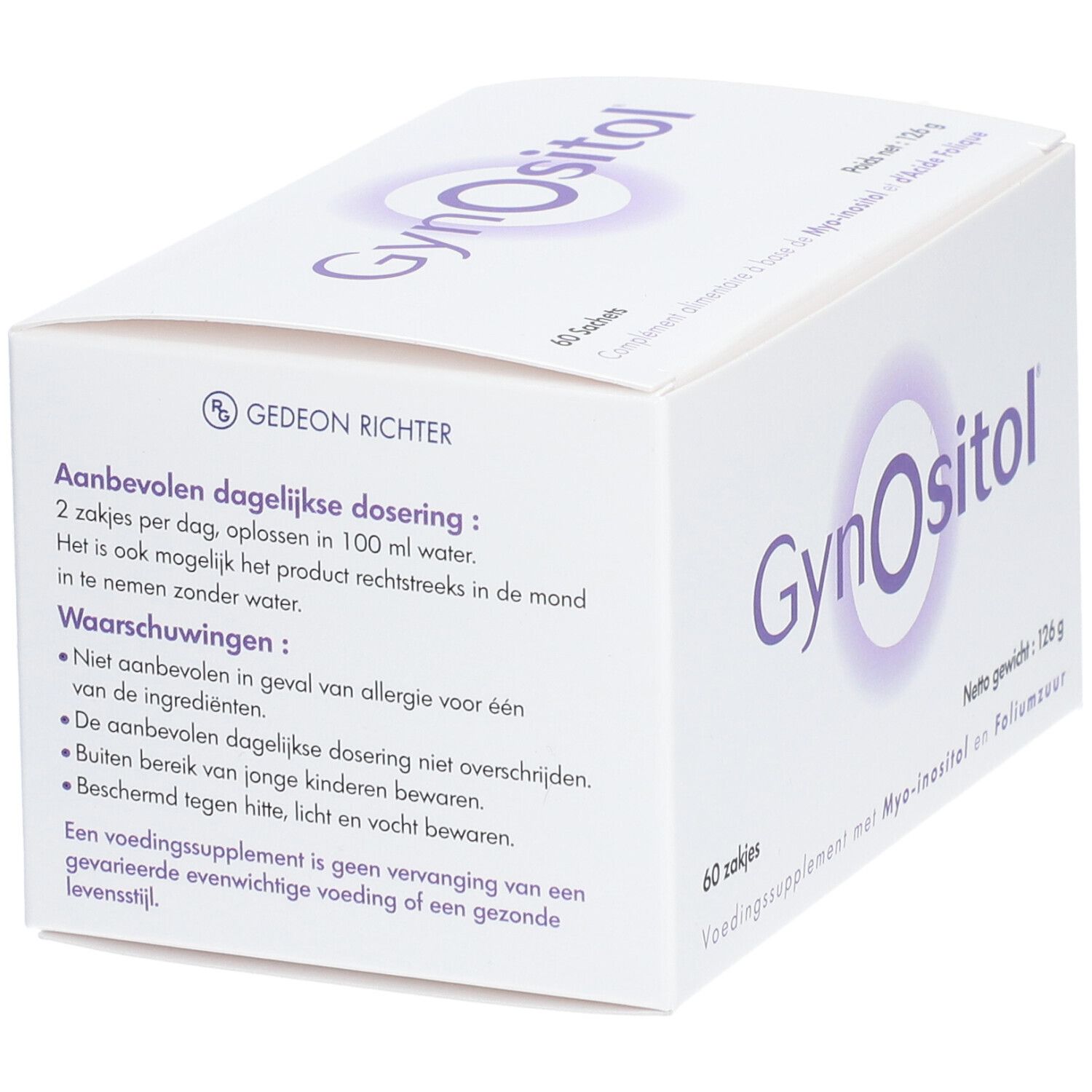 Weiße Schachtel mit "GynOositol"-Logo. Enthält 60 Beutel. Text in Niederländisch. Dosierungs- und Warnhinweise.