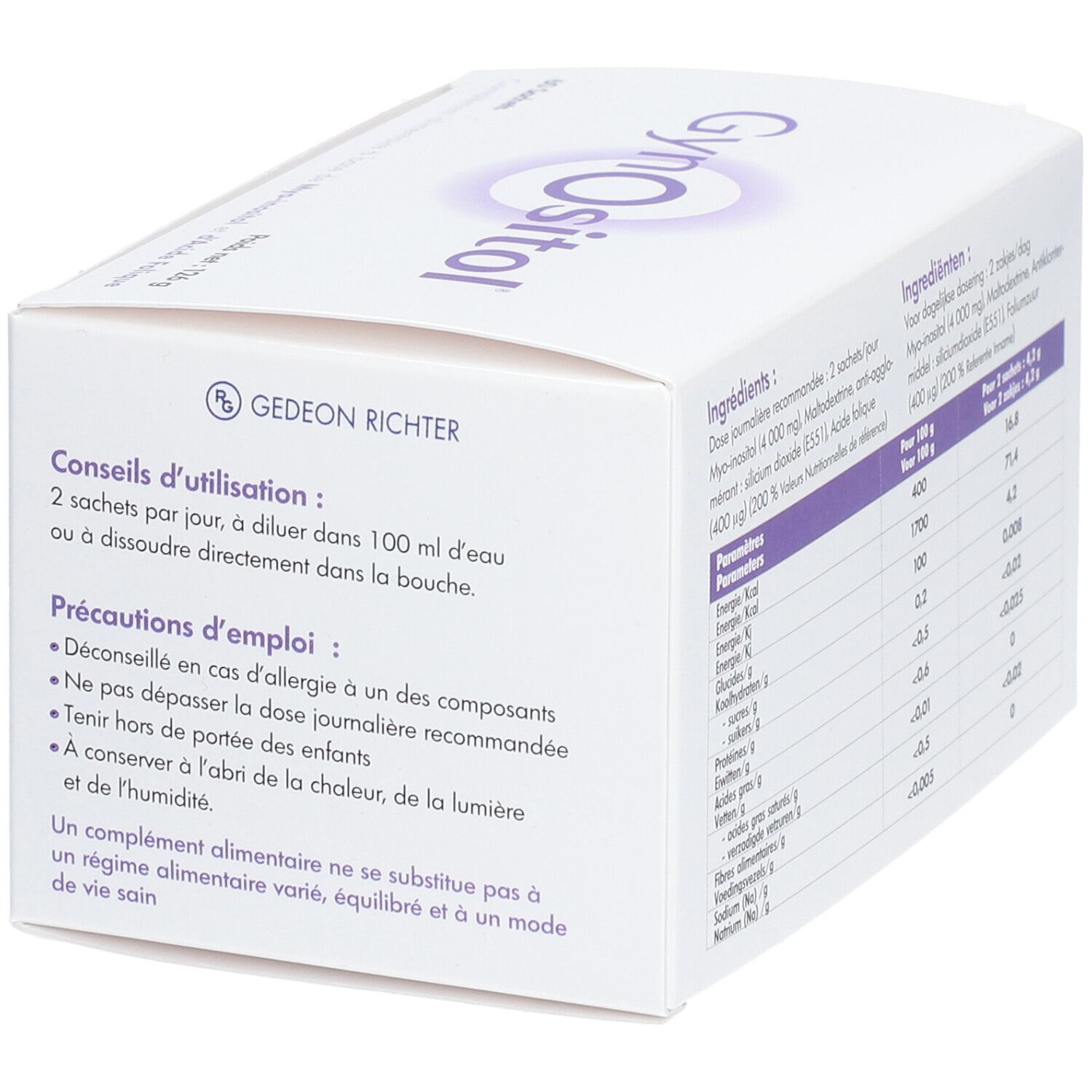 Weiße Schachtel mit "GynOositol"-Logo. Enthält 60 Beutel. Text in Französisch. Dosierungs- und Anwendungshinweise.