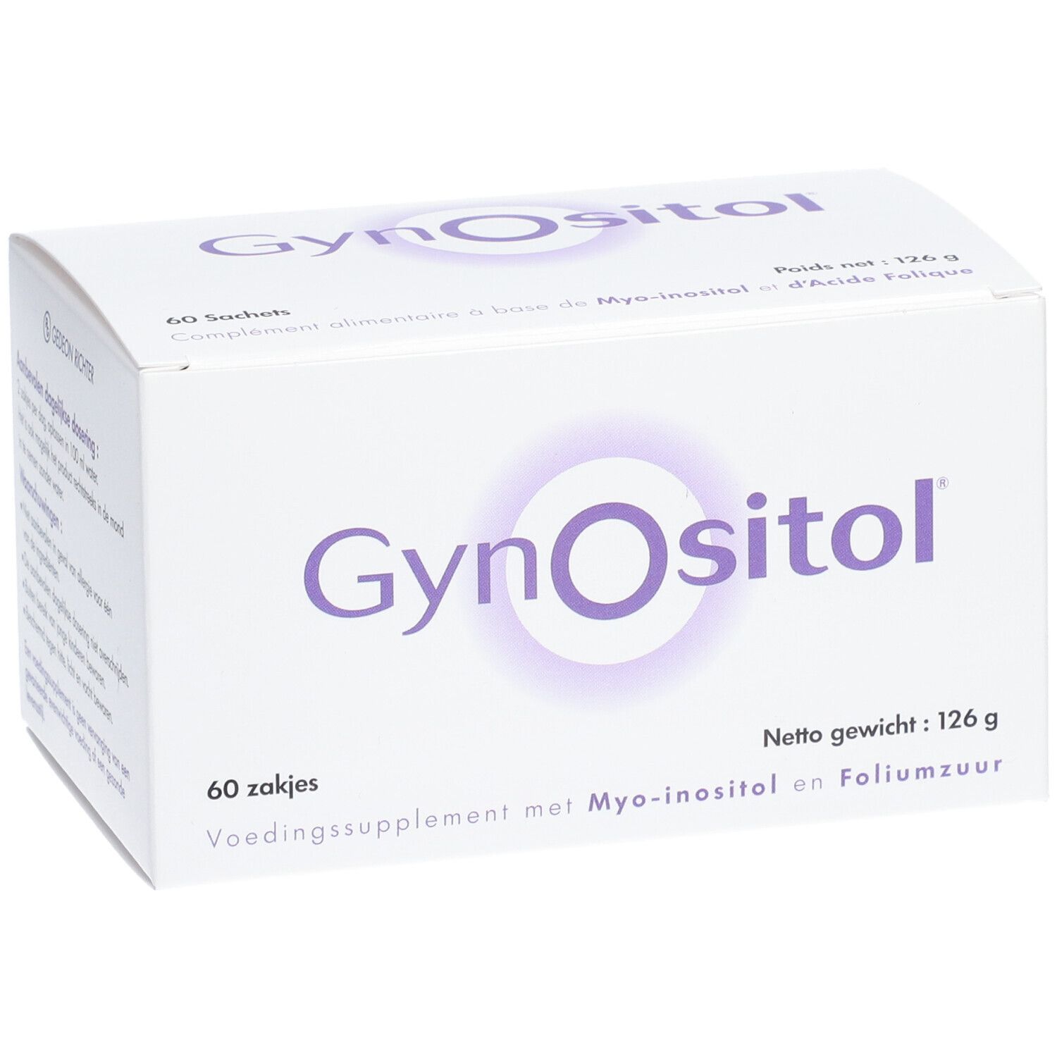 Weiße Schachtel mit "GynOositol"-Logo. Enthält 60 Beutel. Nettogewicht: 126 g. Text in Niederländisch und Französisch.
