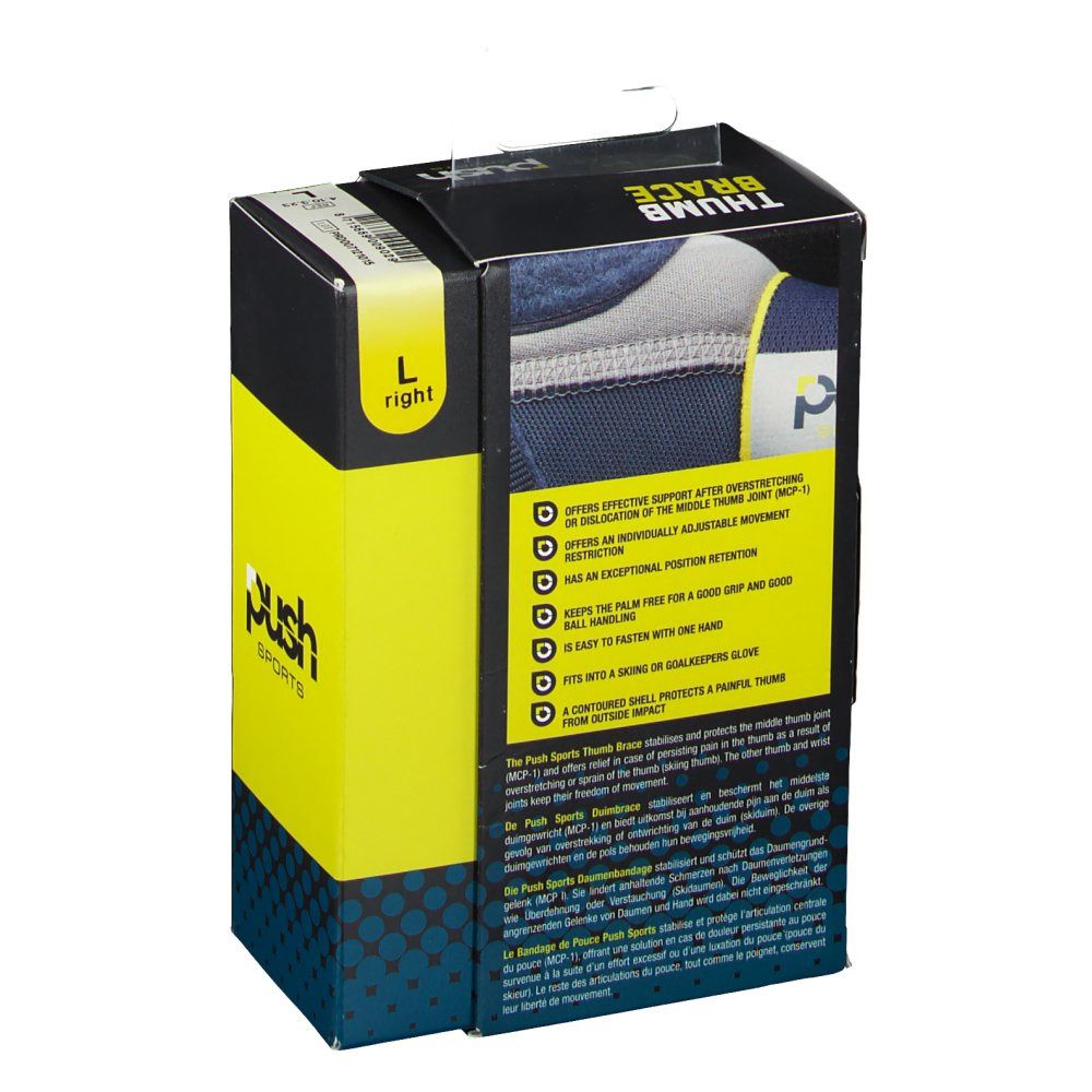Verpackung der Push Sports Daumenbandage. Größe L, rechts. Gelb-schwarzer Karton mit Produktabbildung und Text. Enthält Informationen zur Unterstützung.