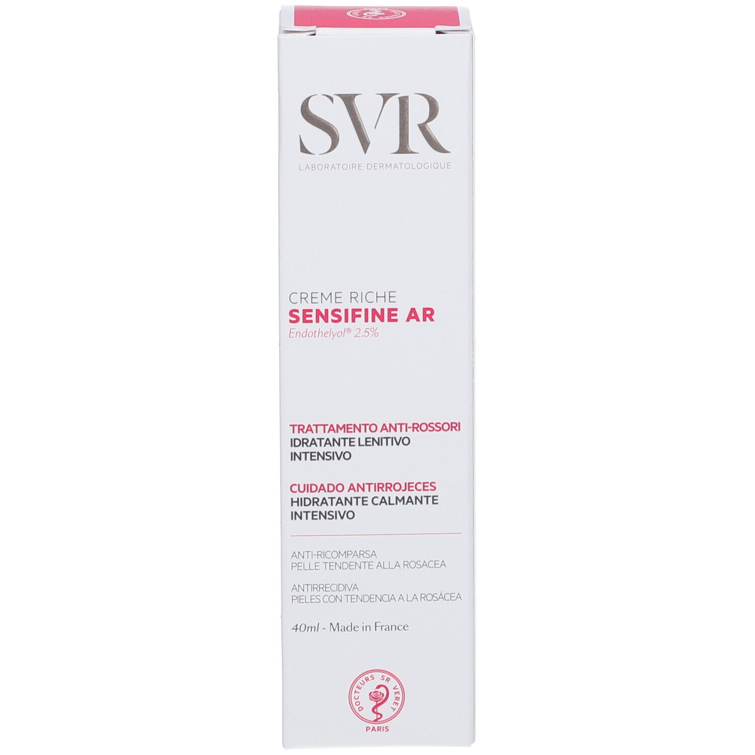 Weiße Schachtel. Text in mehreren Sprachen. Behandlung von Rötungen. 40ml.