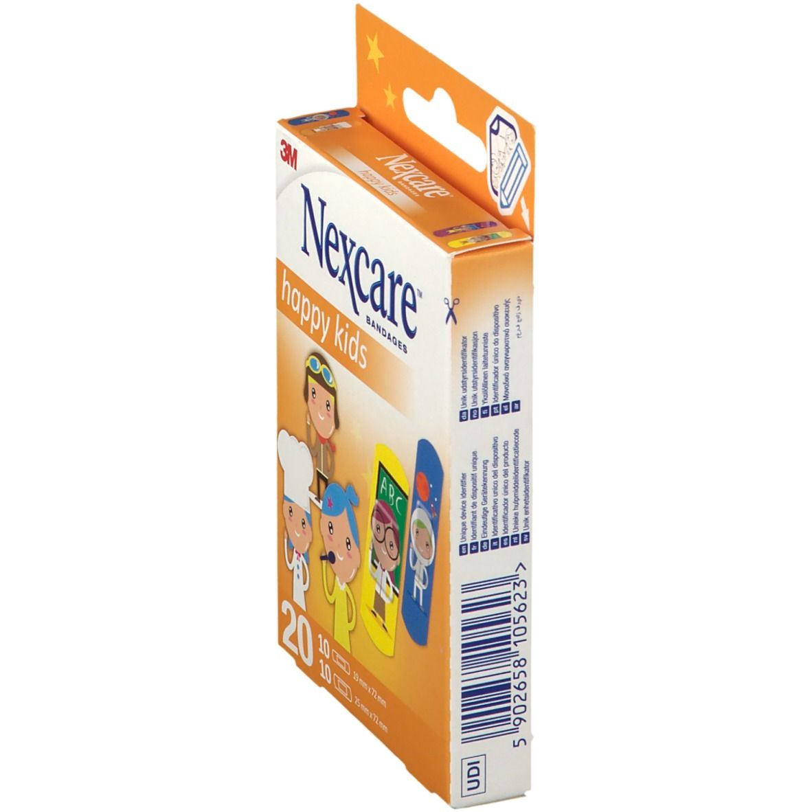 Verpackung mit 20 Pflastern. Nexcare happy kids. Aufdruck mit Figuren. 10 Pflaster 19x72mm, 10 Pflaster 25x72mm.