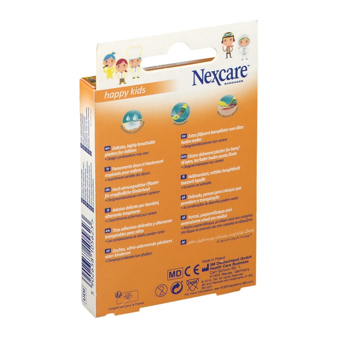 Rückseite der Verpackung. Nexcare happy kids. Informationen in verschiedenen Sprachen. Abbildungen von Eigenschaften.