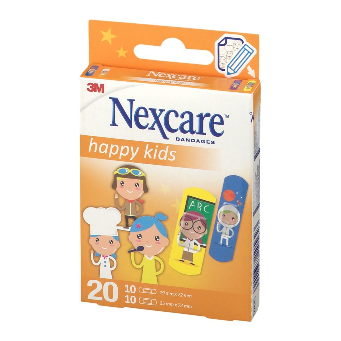 Verpackung mit 20 Pflastern. Nexcare happy kids. Aufdruck mit Figuren. 10 Pflaster 19x72mm, 10 Pflaster 25x72mm.