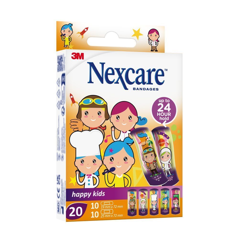 Dos de la boîte avec informations produit. Nexcare happy kids. Textes et symboles multilingues.