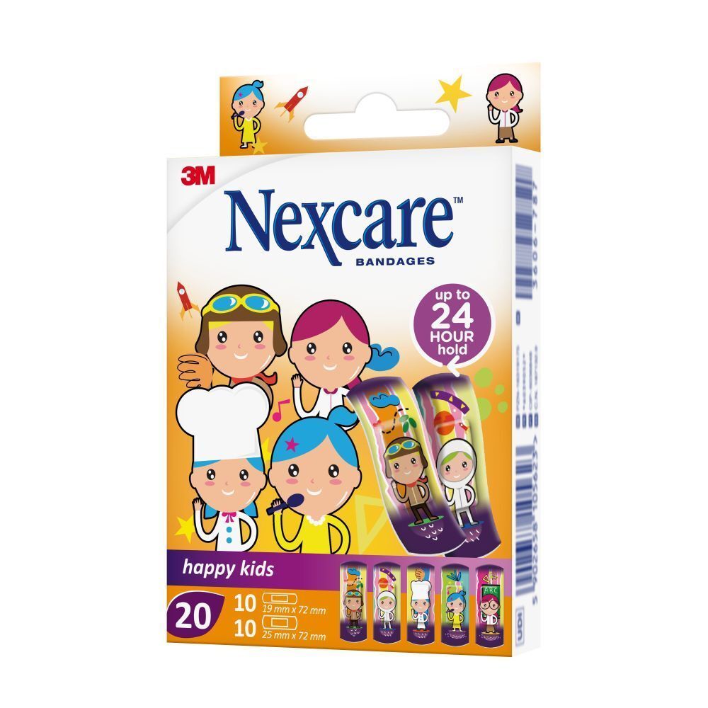 Dos de la boîte avec informations produit. Nexcare happy kids. Textes et symboles multilingues.