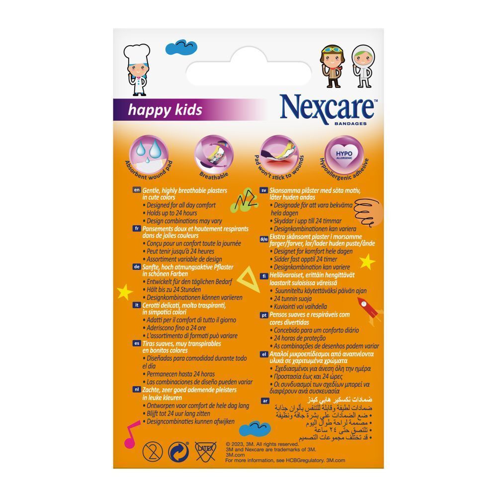 Dos de la boîte avec informations produit. Nexcare happy kids. Textes et symboles multilingues.