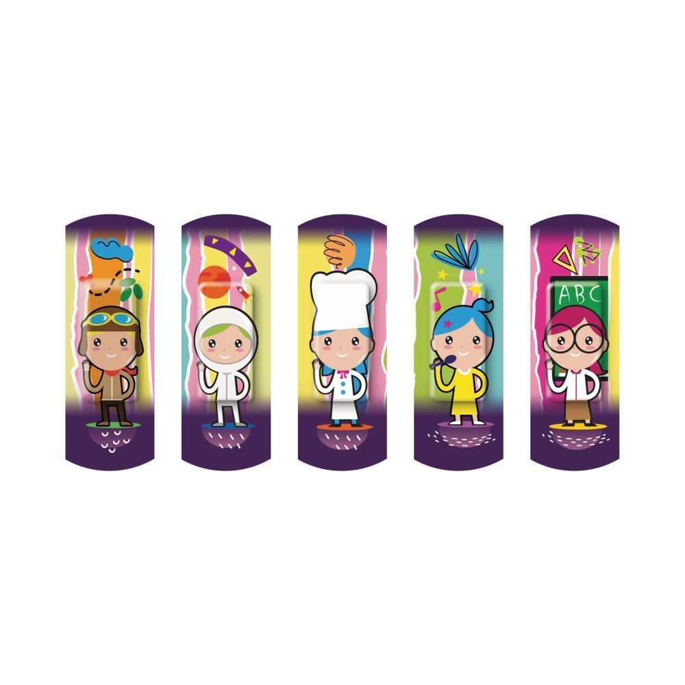 Cinq pansements avec illustrations enfants. Différents métiers représentés. Sur fond violet.