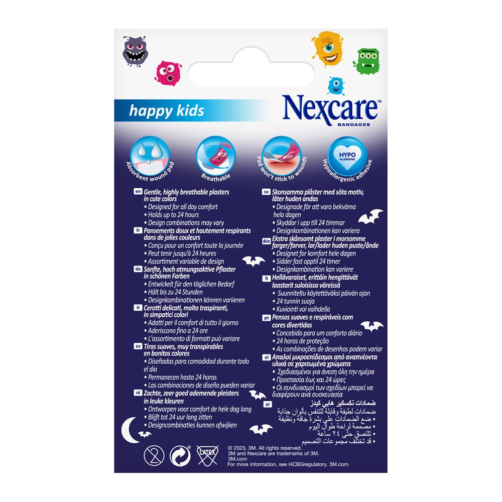 Rückseite der Nexcare happy kids Pflaster-Verpackung. Informationen zu Eigenschaften und Zertifizierungen in mehreren Sprachen.